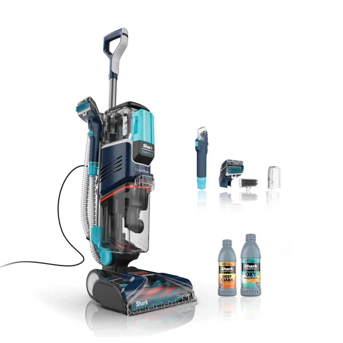 Shark CarpetXpert stainstriker tool activated for tough fabric stains.