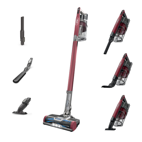 Shark cordless vacuum overview in red highlighting lightweight design for fast, easy cleaning.
