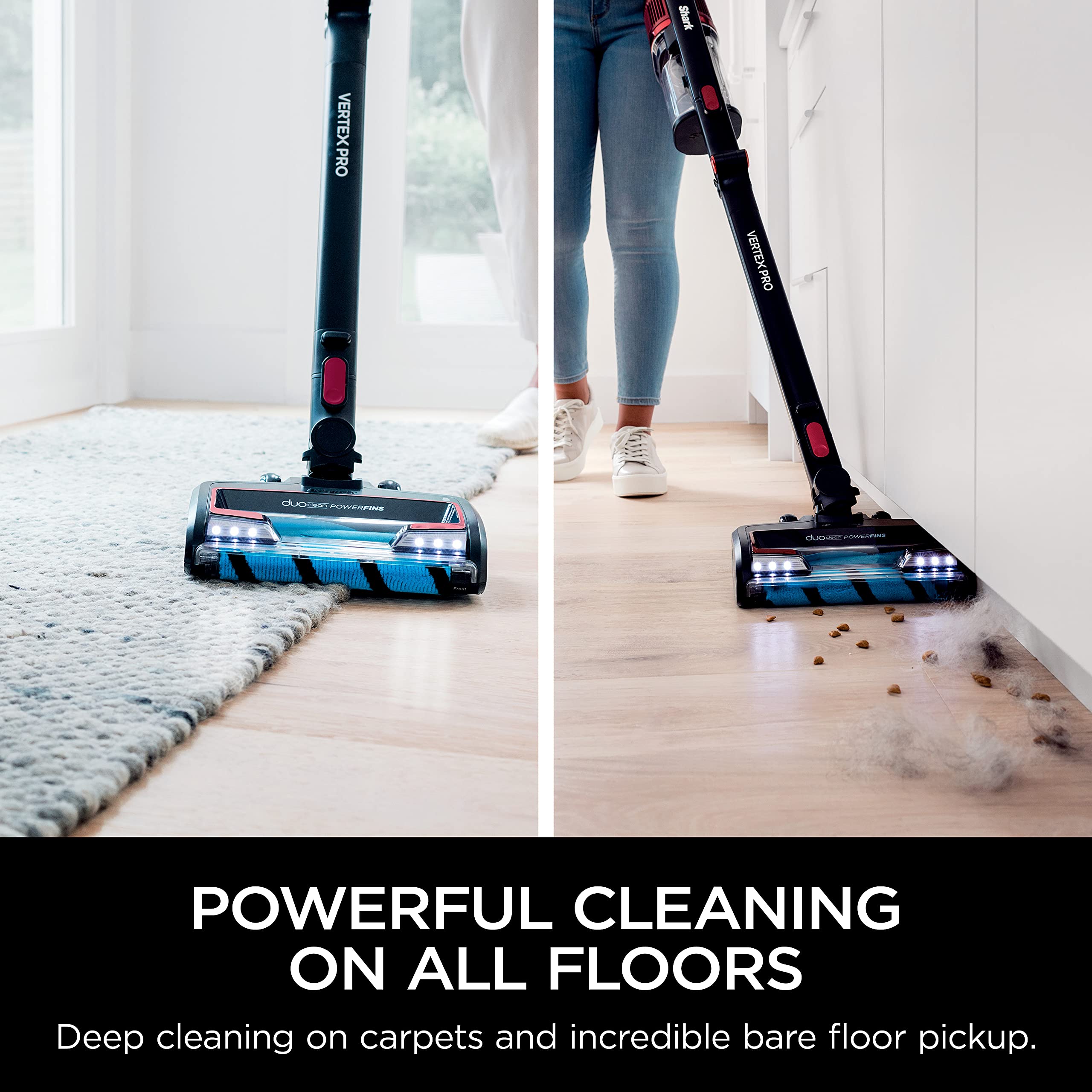 Shark Vertex Pro PowerFins close-up with self-cleaning brushroll for thorough cleaning.