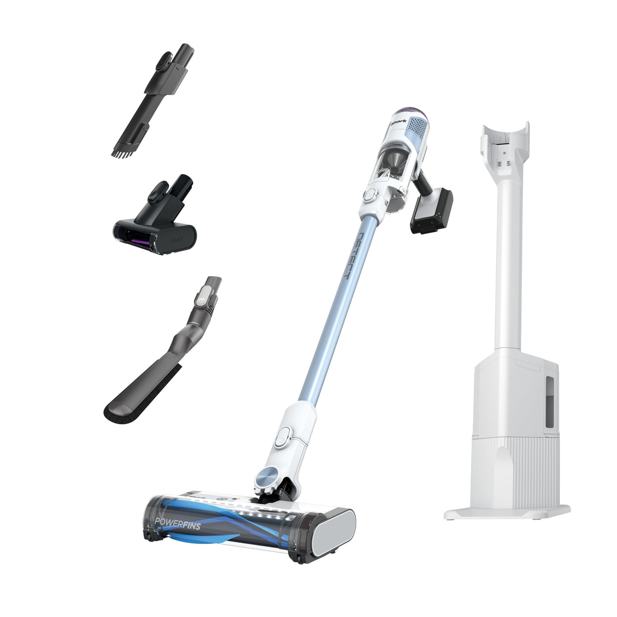 Shark Detect Clean & Empty vacuum on its dock, charging between cleans.