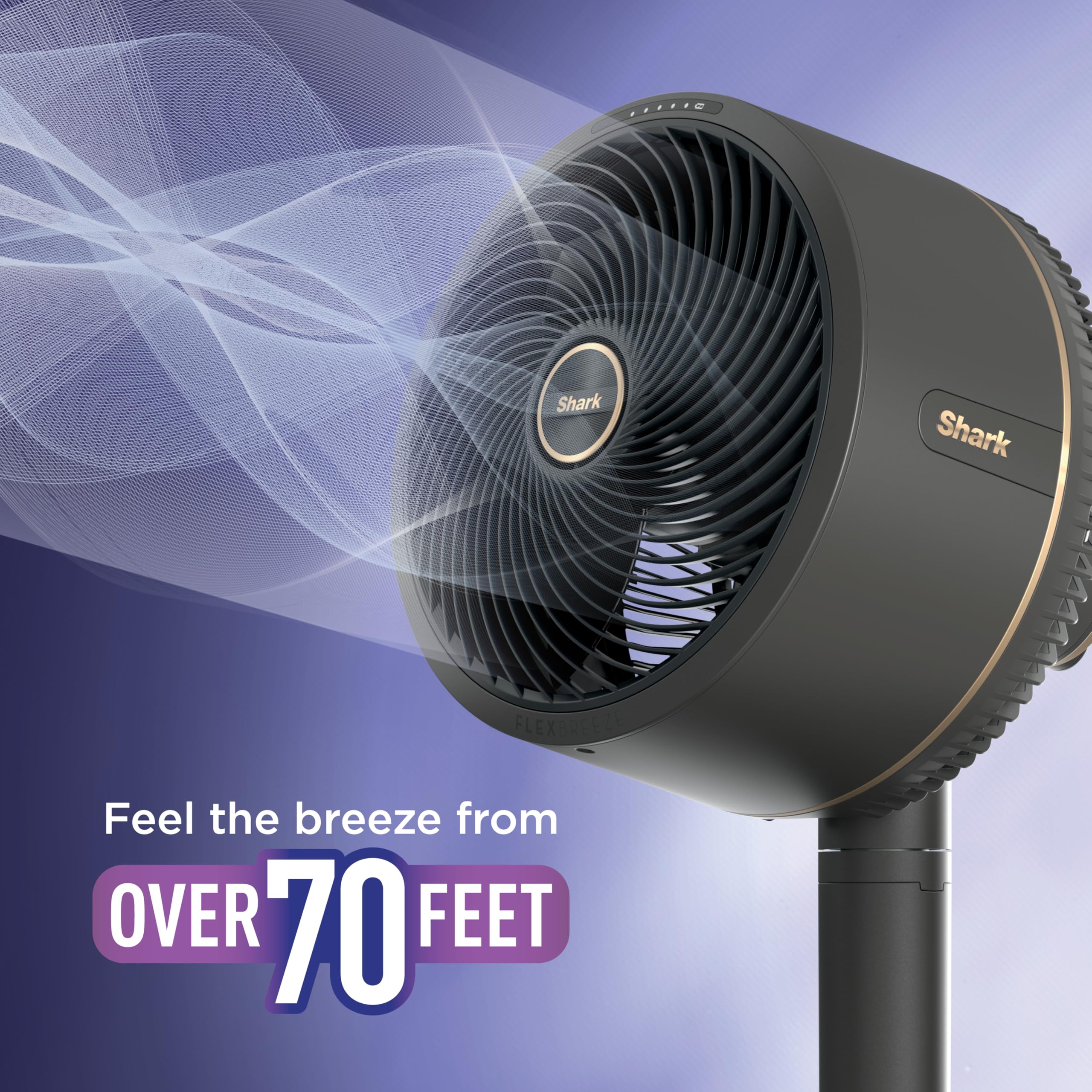 Shark FlexBreeze sweeps 180 degrees with a 55-degree tilt for wide coverage.