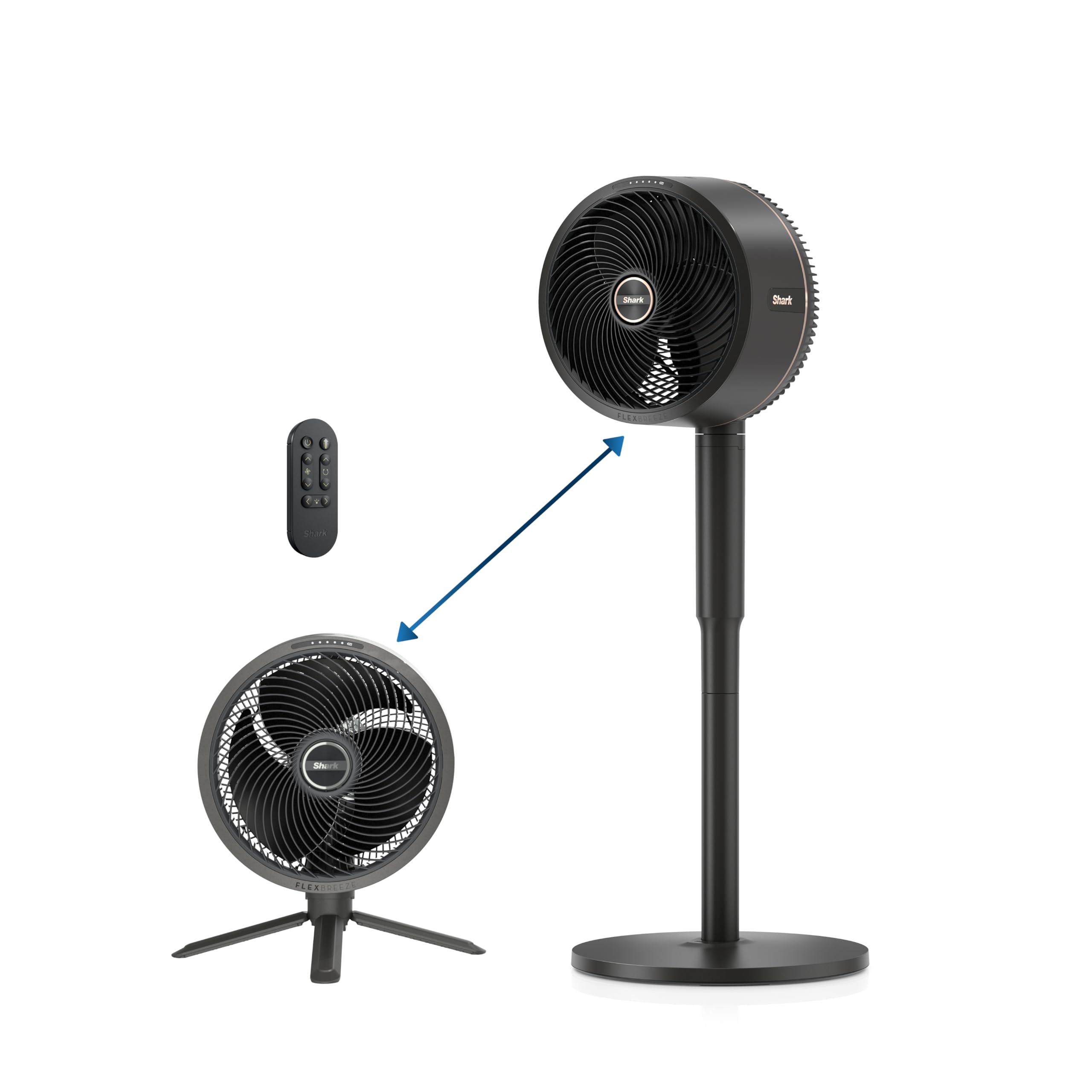 Shark FlexBreeze fan head transitioning from pedestal to tabletop for versatile cooling.
