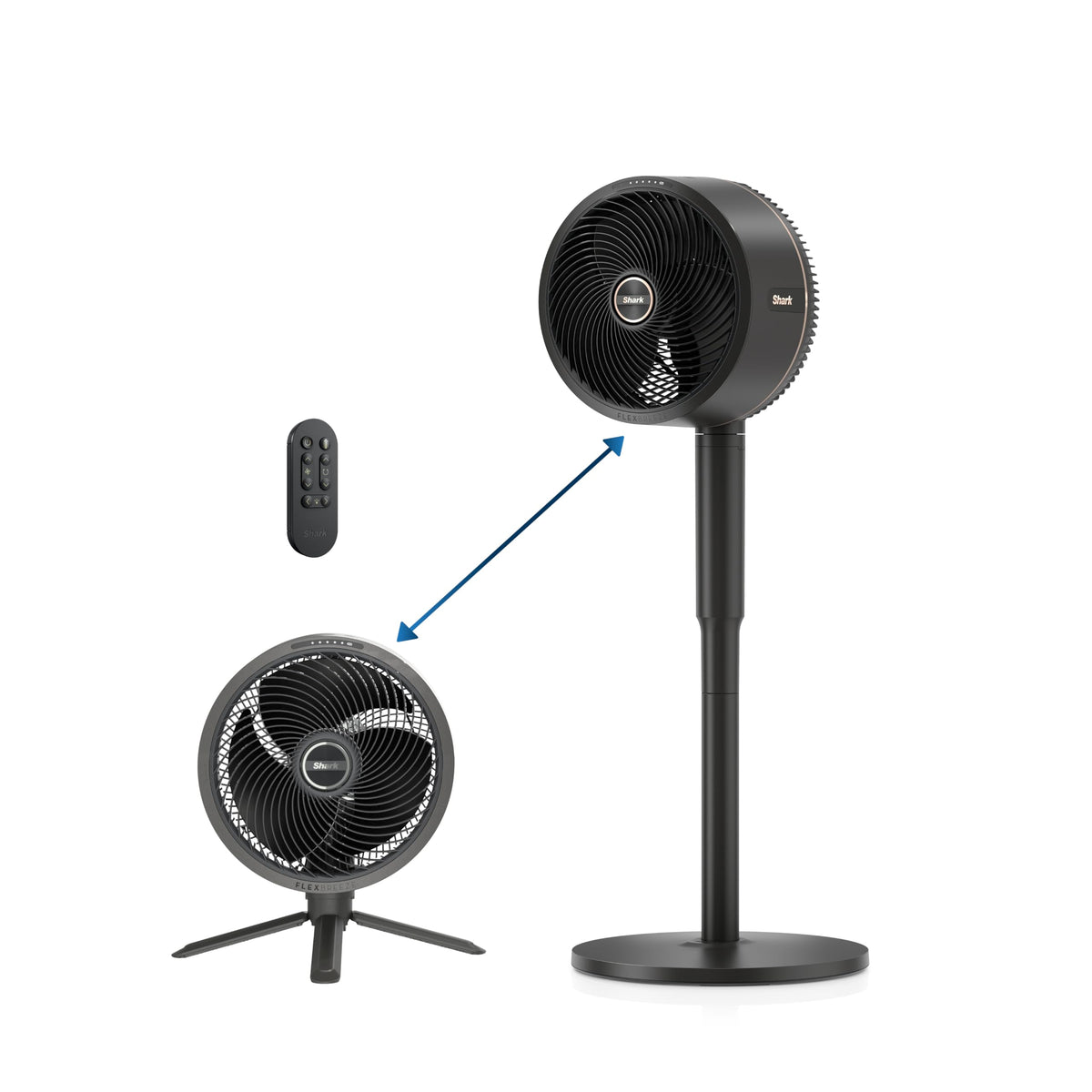 Shark FlexBreeze fan head transitioning from pedestal to tabletop for versatile cooling.