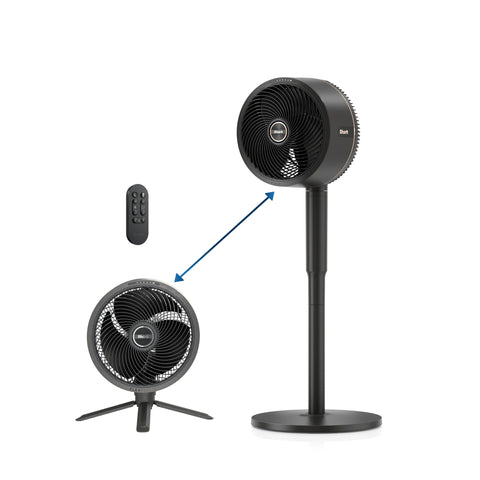 Shark FlexBreeze fan head transitioning from pedestal to tabletop for versatile cooling.