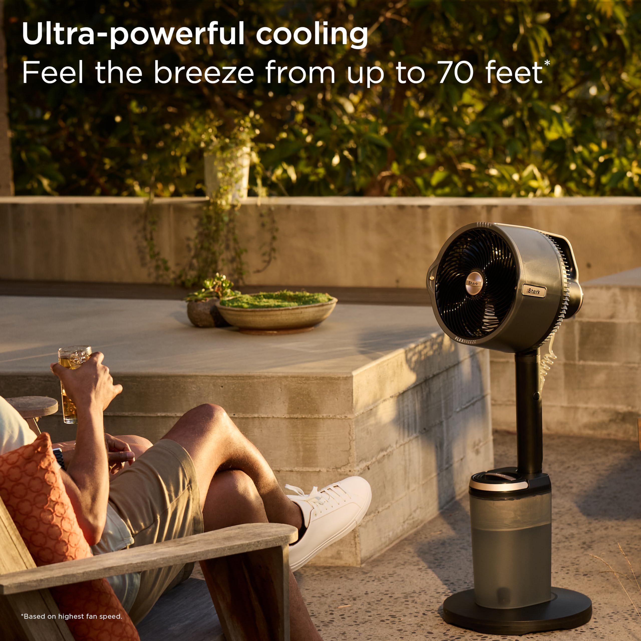 Shark FlexBreeze Pro Mist Fan in 70 ft reach mode cooling a wide deck