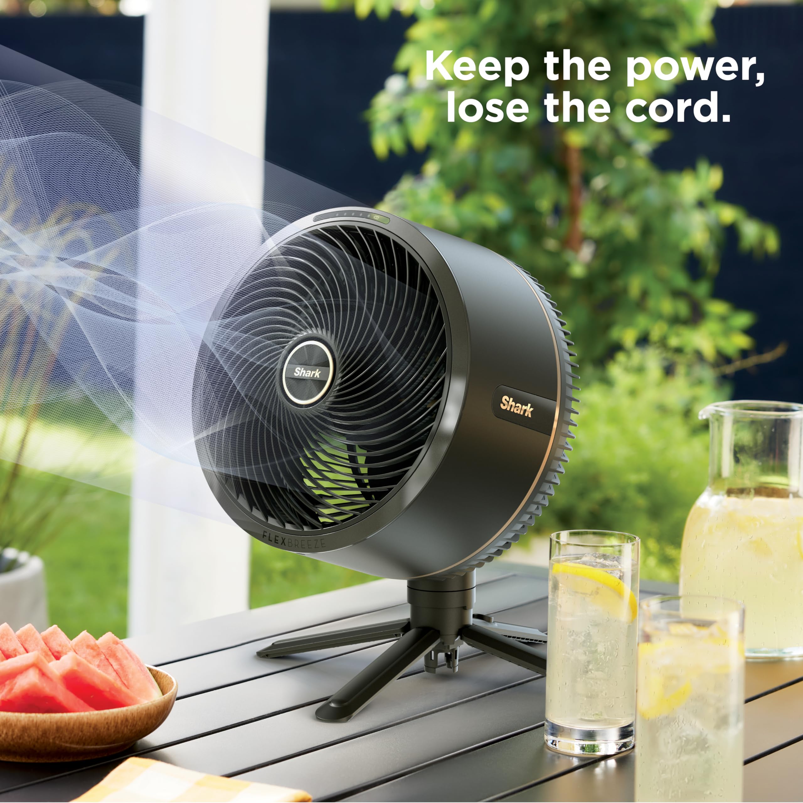 Shark FlexBreeze remote and charging cable included for easy control.