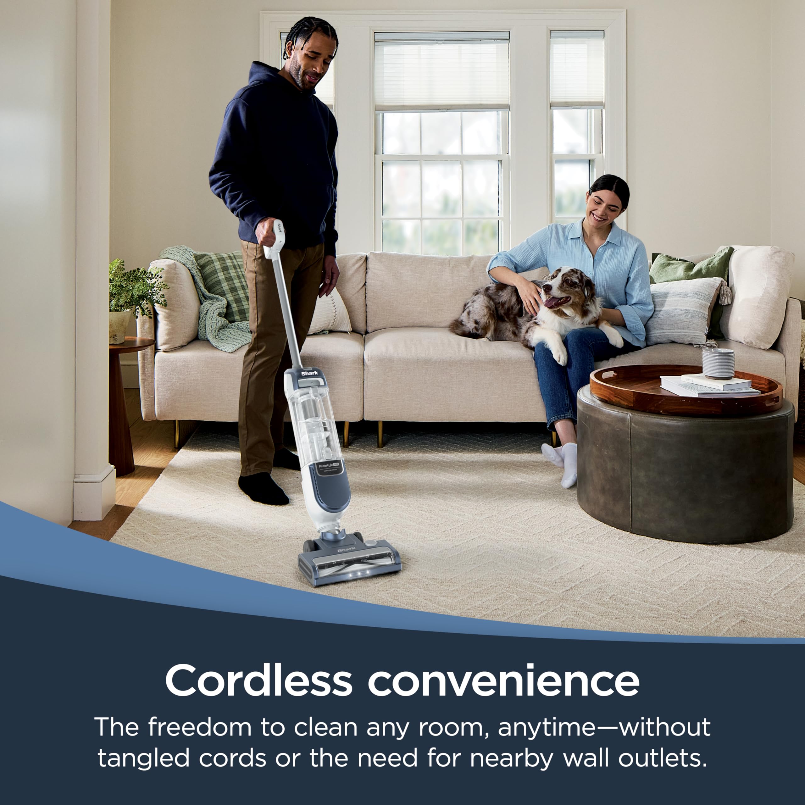 Shark Freestyle Max cordless upright with dual brushroll speeds for deep-clean on carpets and floors.