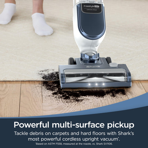 Shark Freestyle Max cordless upright in use demonstrates quick, nimble maneuverability around furniture.