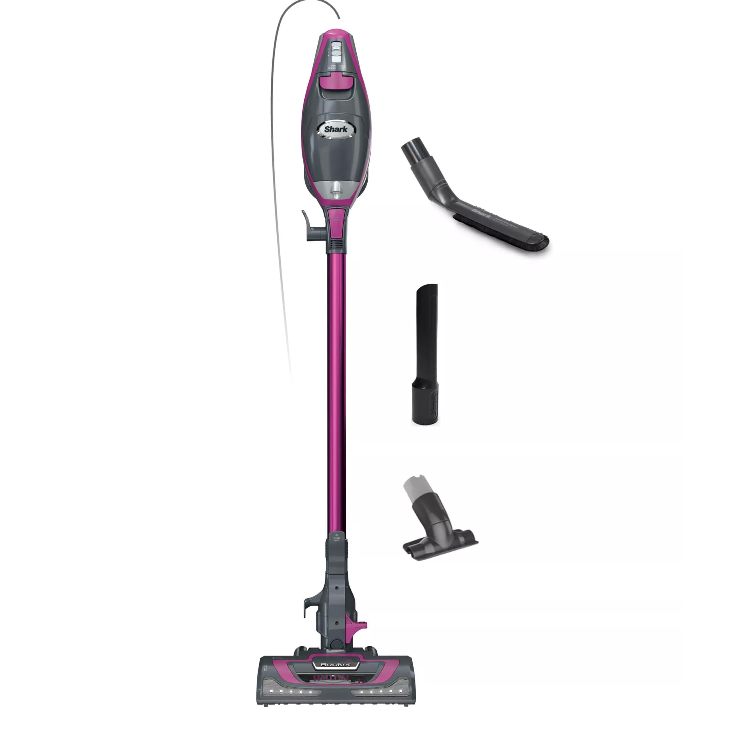Shark HV371 Rocket Pro DLX with LED headlights revealing debris for night cleaning.