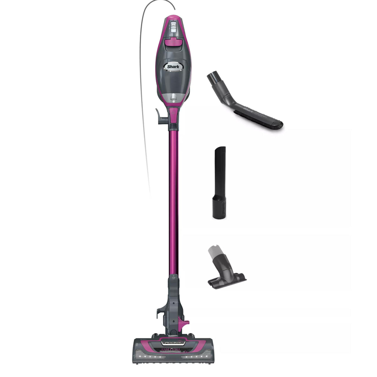 Shark HV371 Rocket Pro DLX with LED headlights revealing debris for night cleaning.