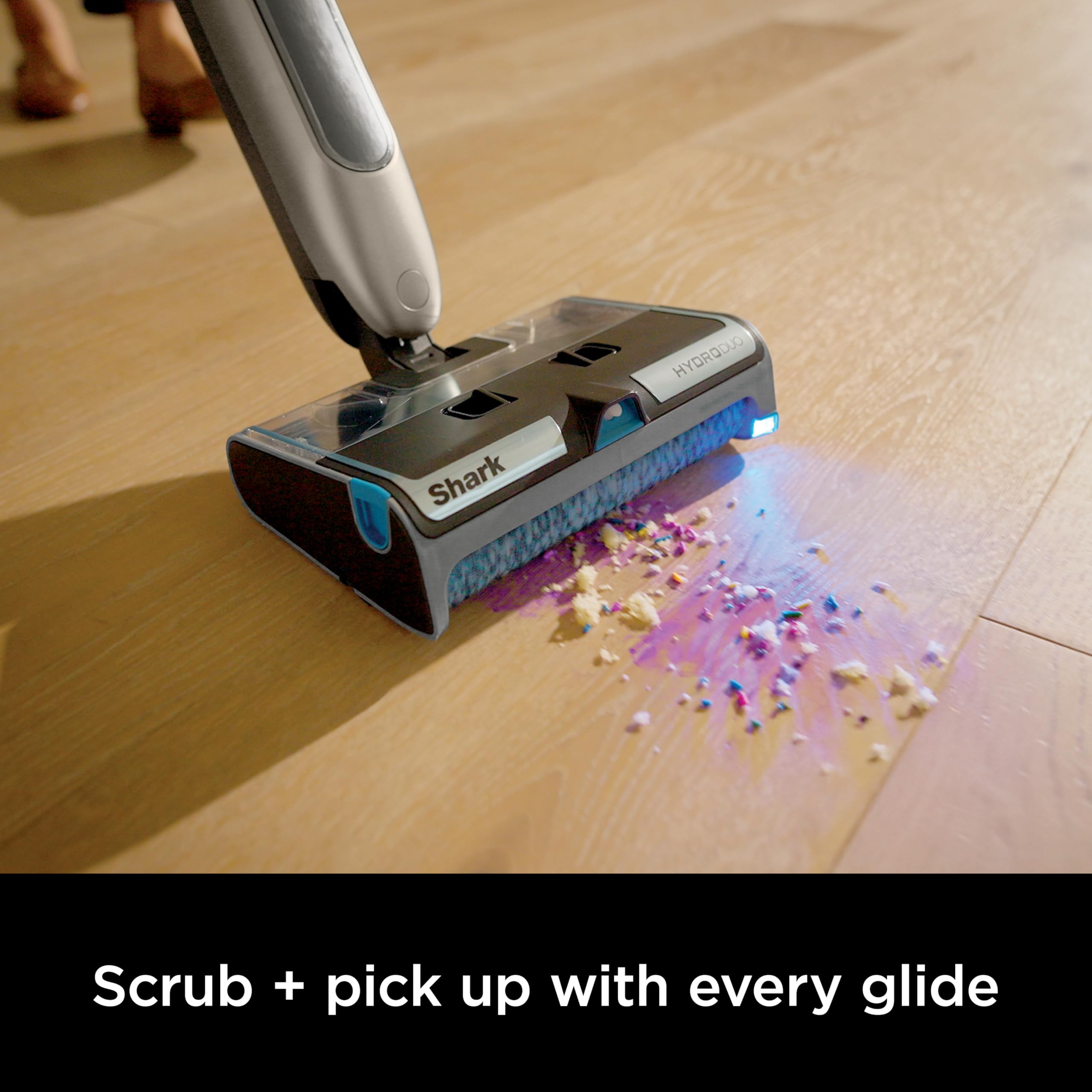 Shark HydroDuo with dirt-reveal illumination highlighting hidden debris for thorough cleaning.