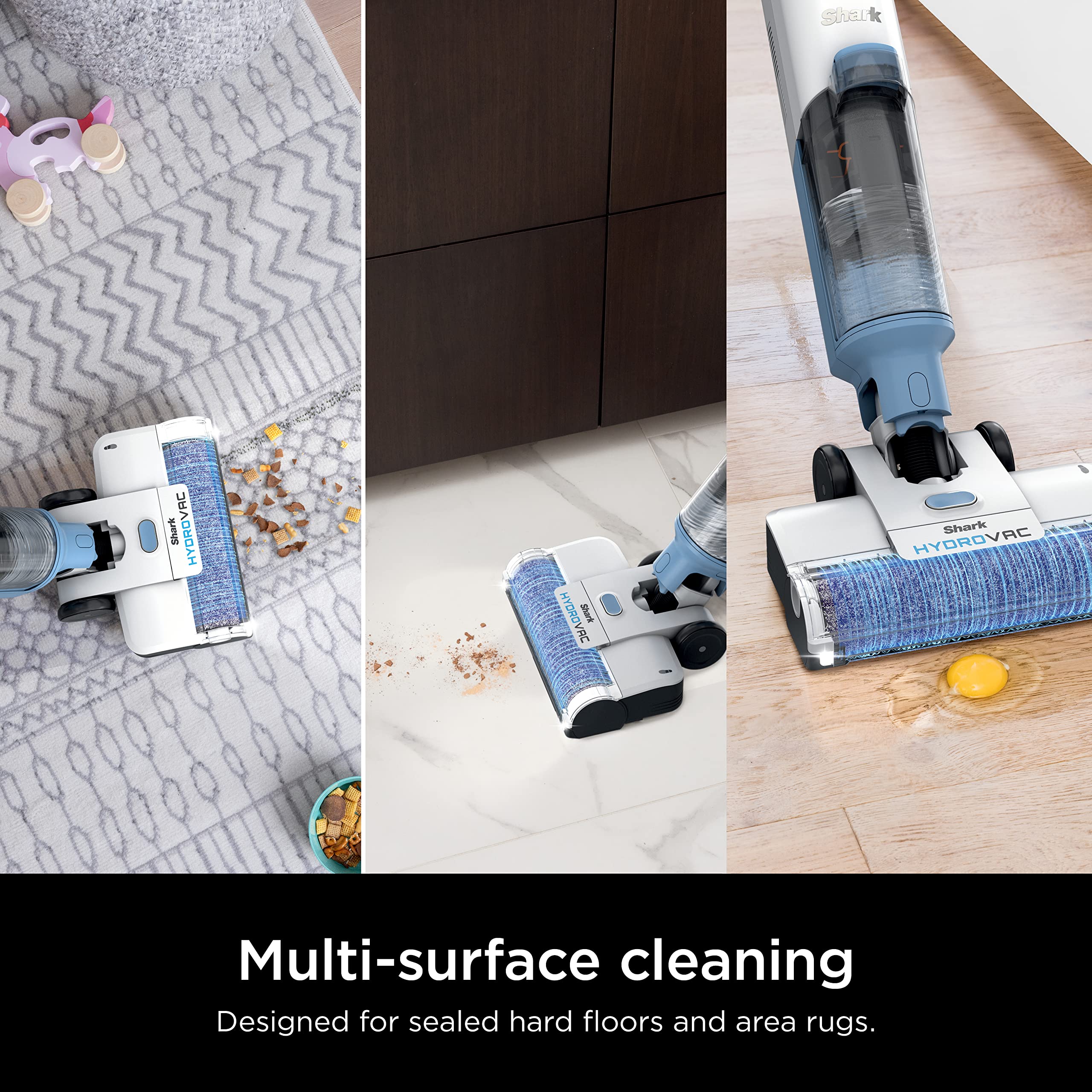 Shark HydroVac multi-surface cleaning for hard floors and area rugs.