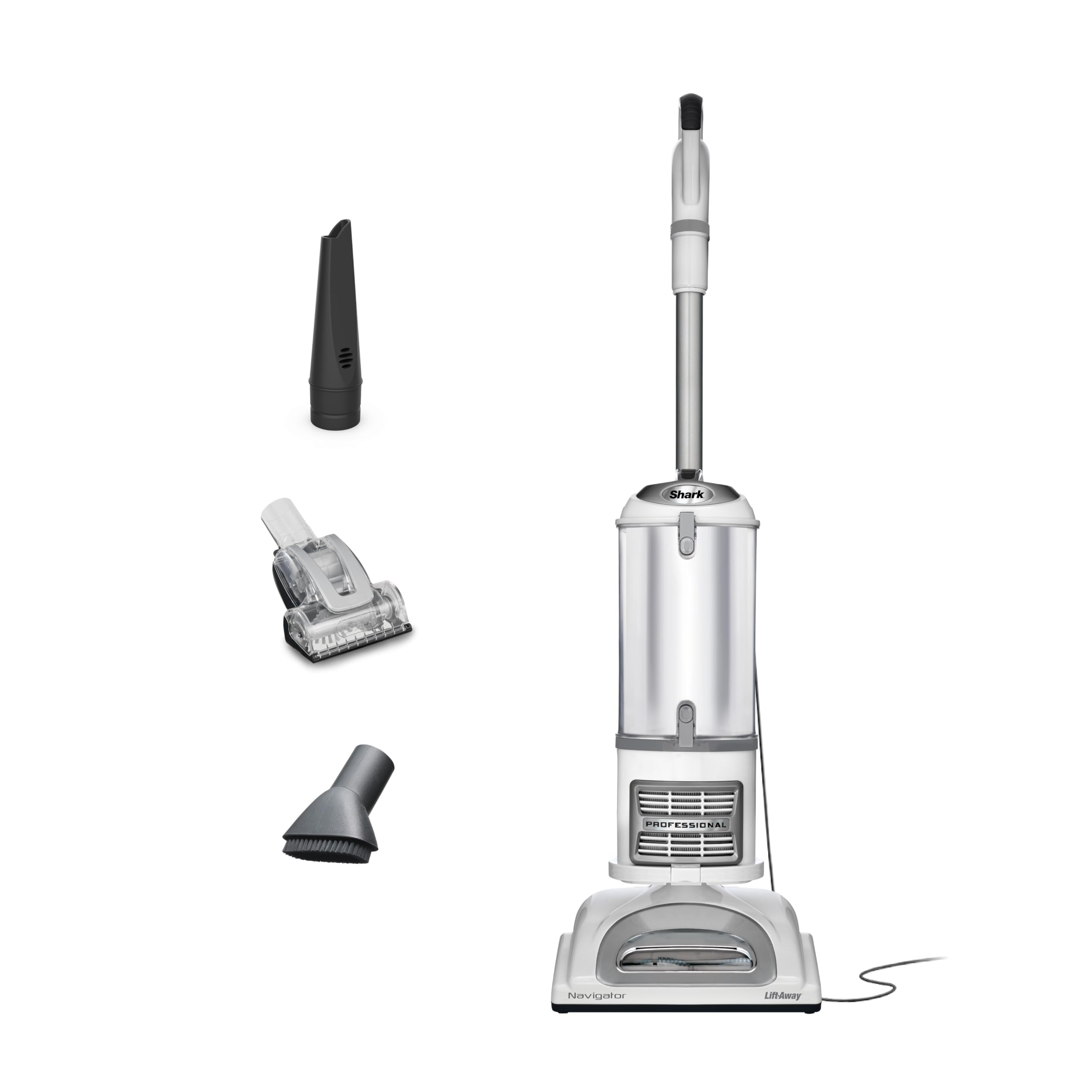 Shark Navigator upright vacuum showing pet hair pickup versatility on furniture