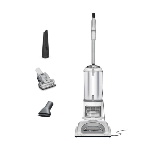 Shark Navigator upright vacuum showing pet hair pickup versatility on furniture