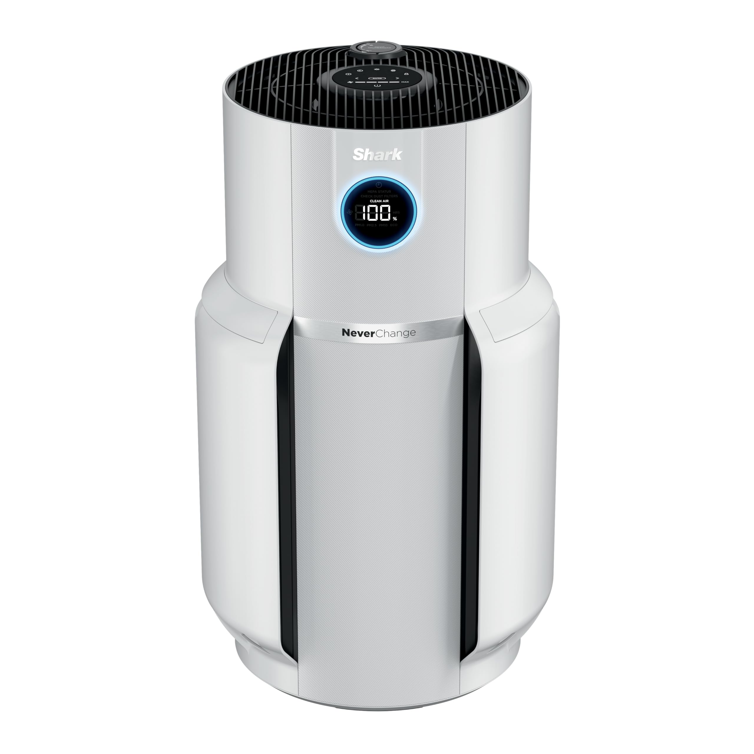 Shark NeverChange Air Purifier MAX front view shows compact design for cleaner air in living rooms.