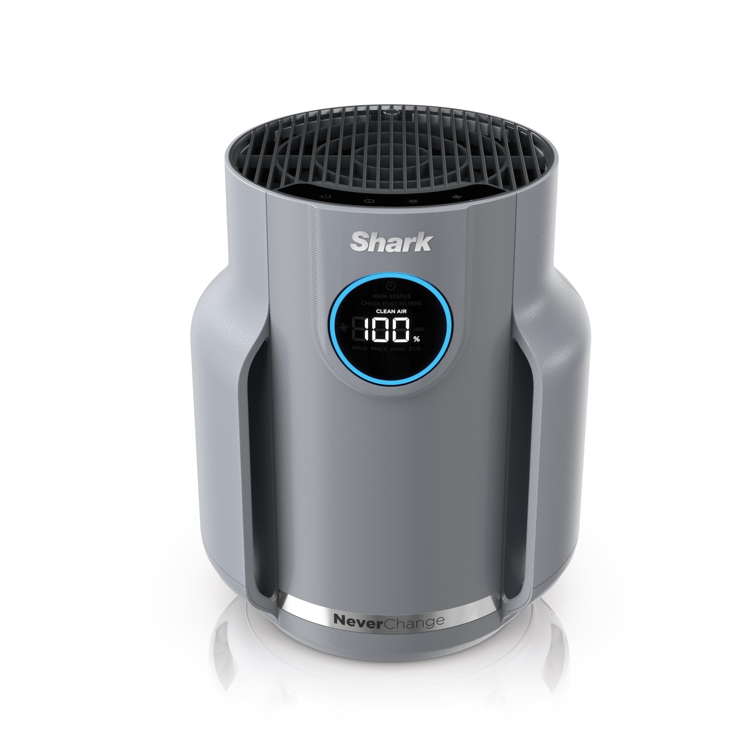 Shark NeverChange Compact Pro front view shows a space-saving purifier for small rooms.