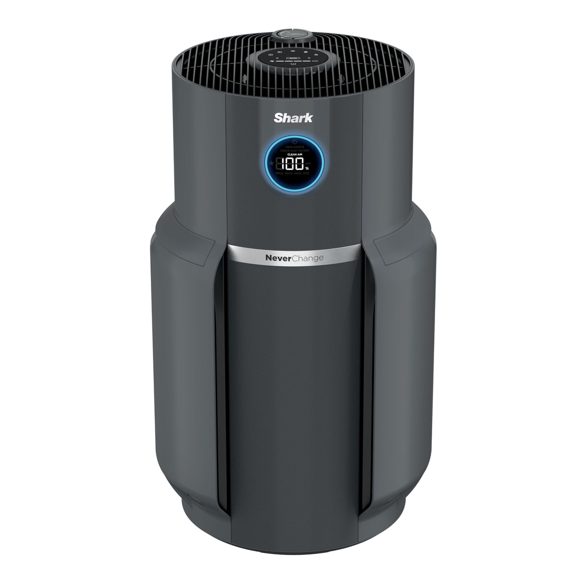 Shark NeverChange Max purifier in living room demonstrates large-room air purification.