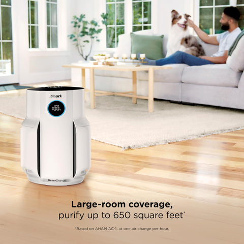 Shark NeverChange purifier in living room illustrating wide coverage for shared spaces