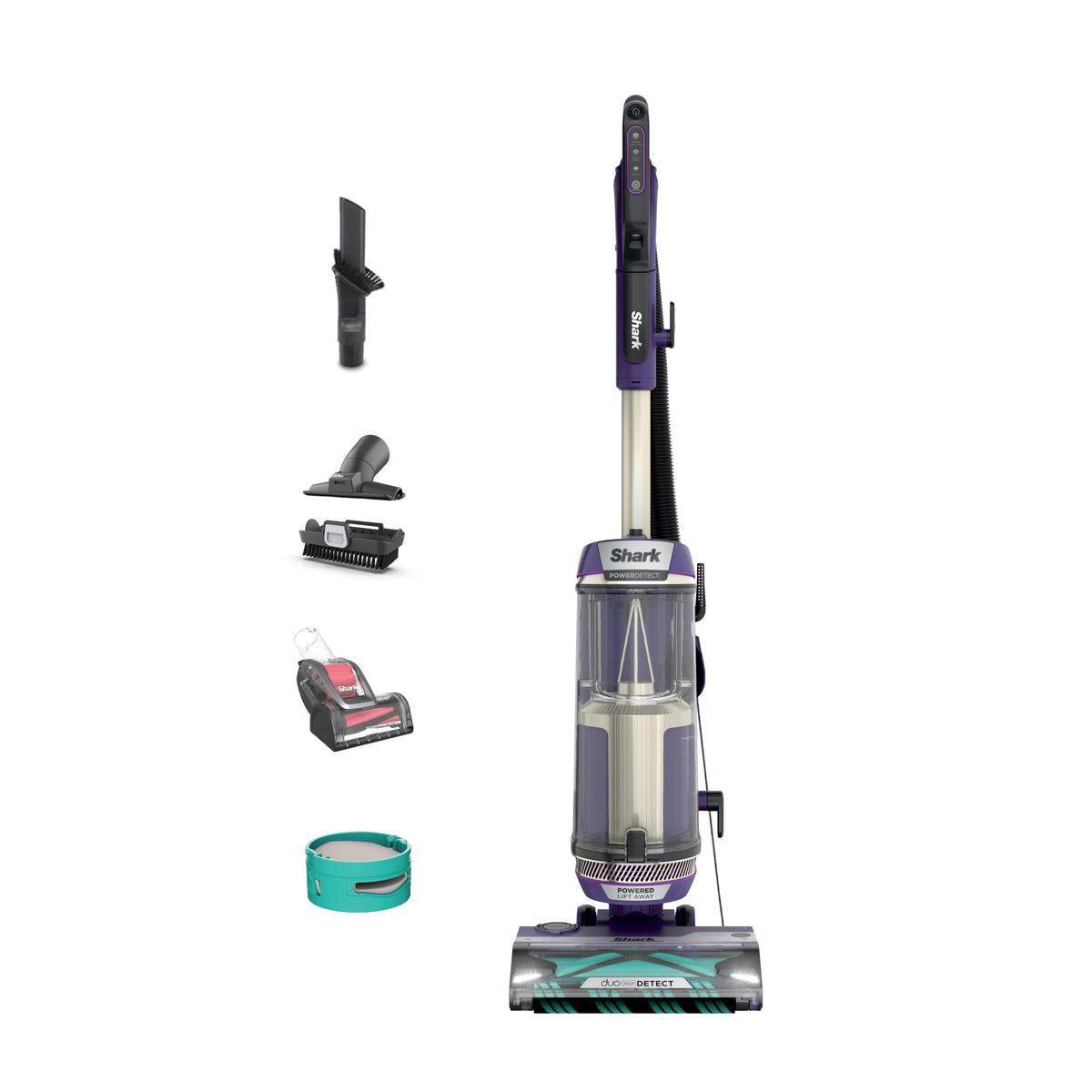 Shark POWERDETECT upright vacuum front view showing strong suction on carpets