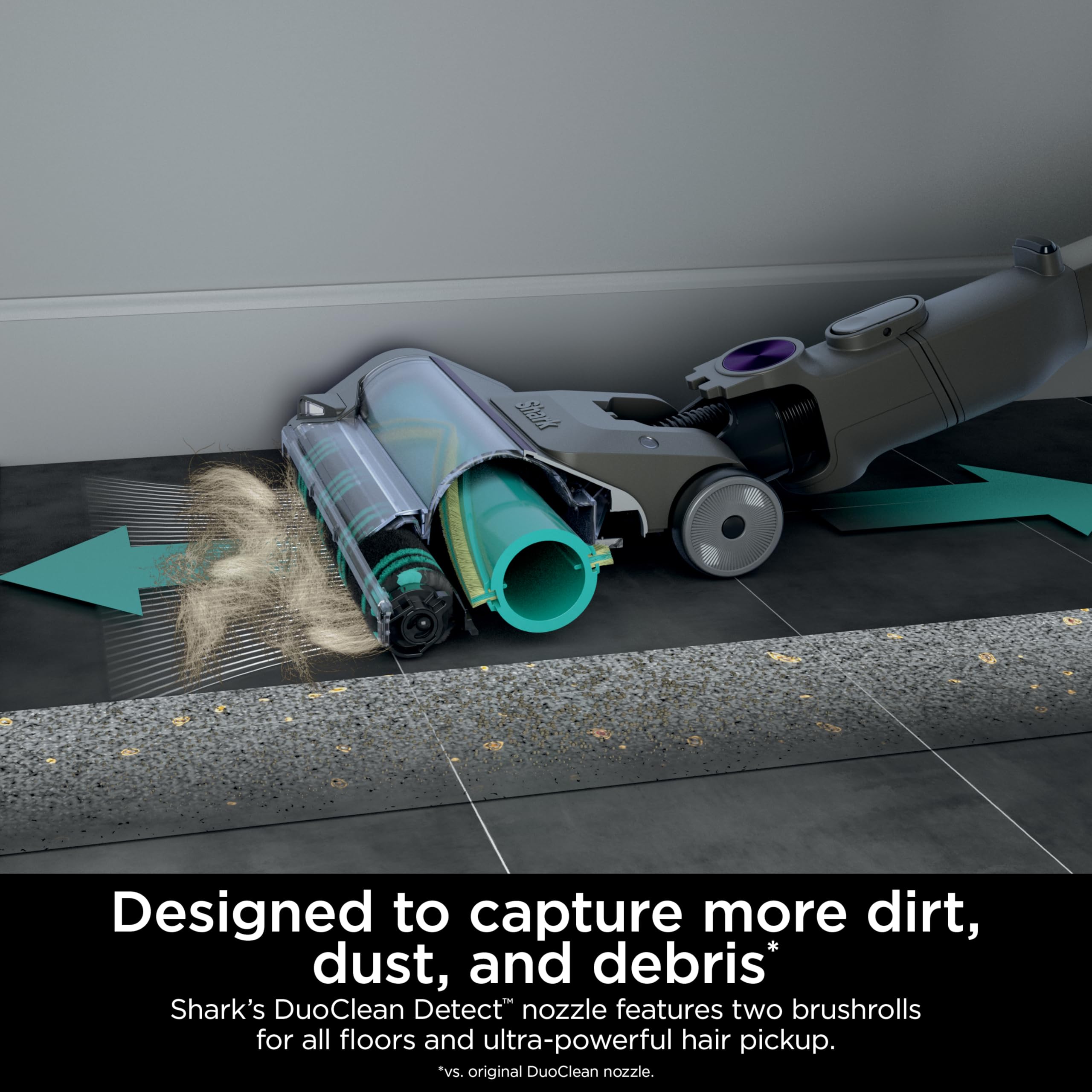 Shark PowerDetect boost mode highlighting intelligent dirt detection in action.