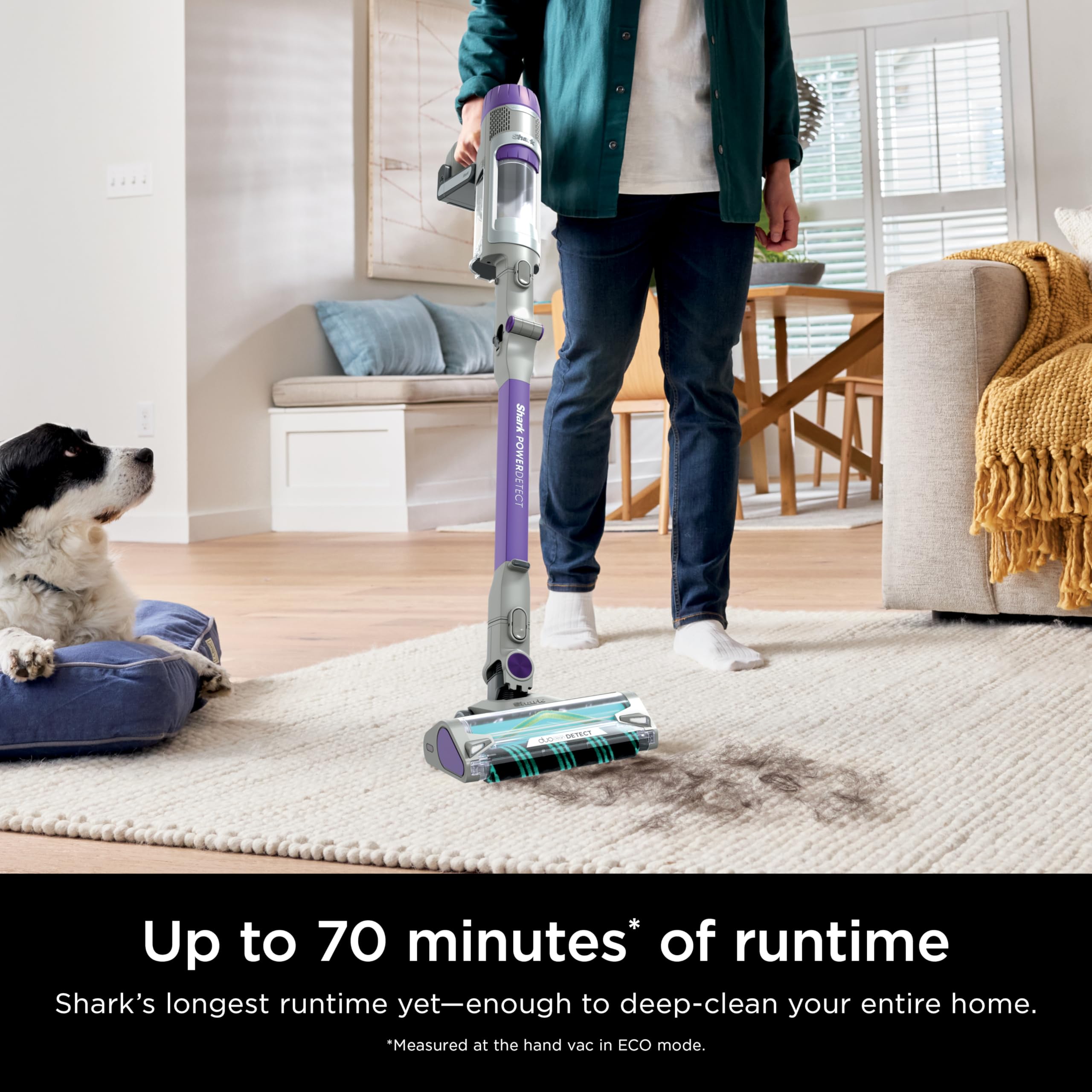 Shark PowerDetect 70-minute runtime on ECO mode for whole-home cleaning.