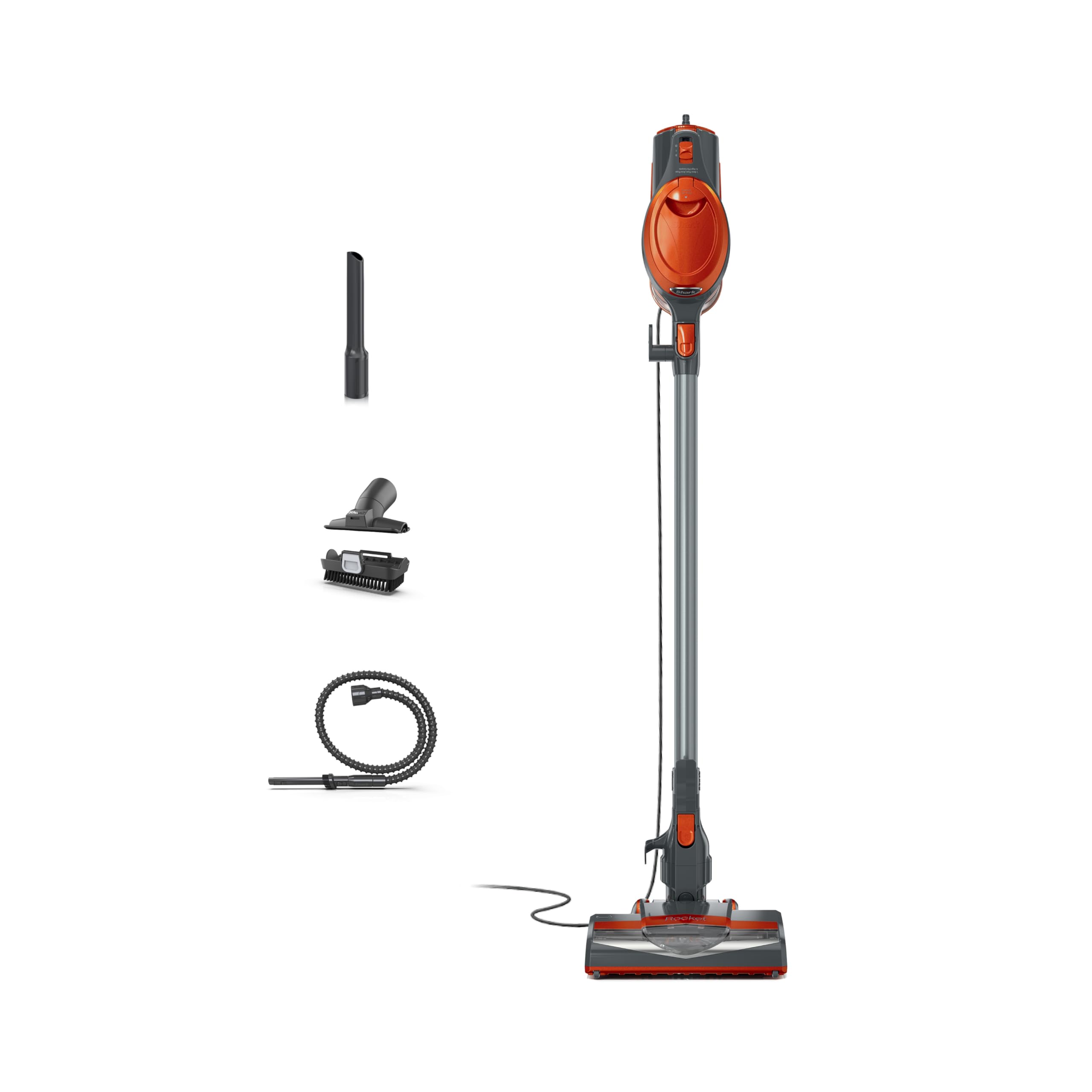 Shark Rocket Pet Corded Stick Vacuum on floor for versatile cleaning power on carpets and hard floors