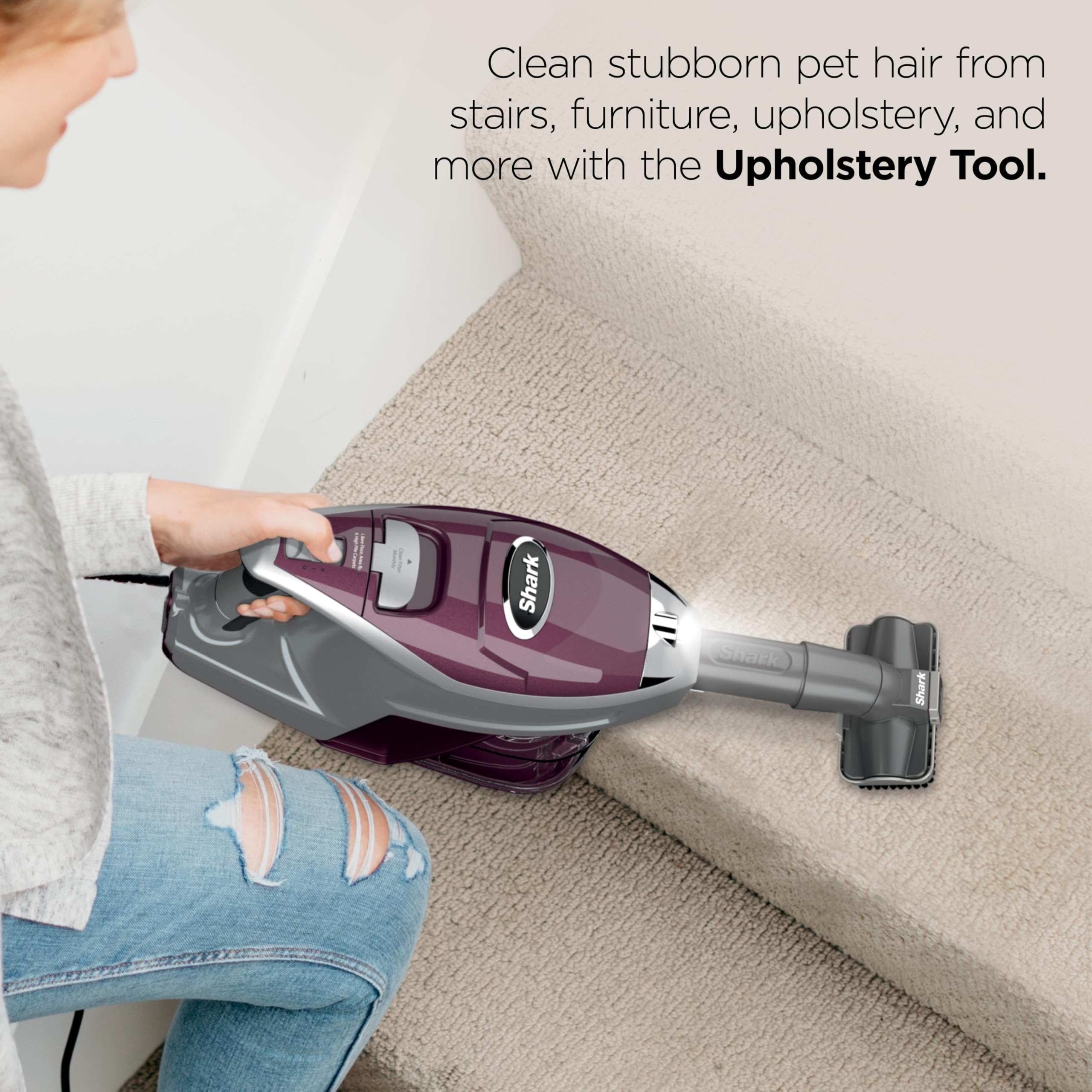 Shark Rocket Pet Plus LED nozzle revealing hidden dust under cabinets and corners