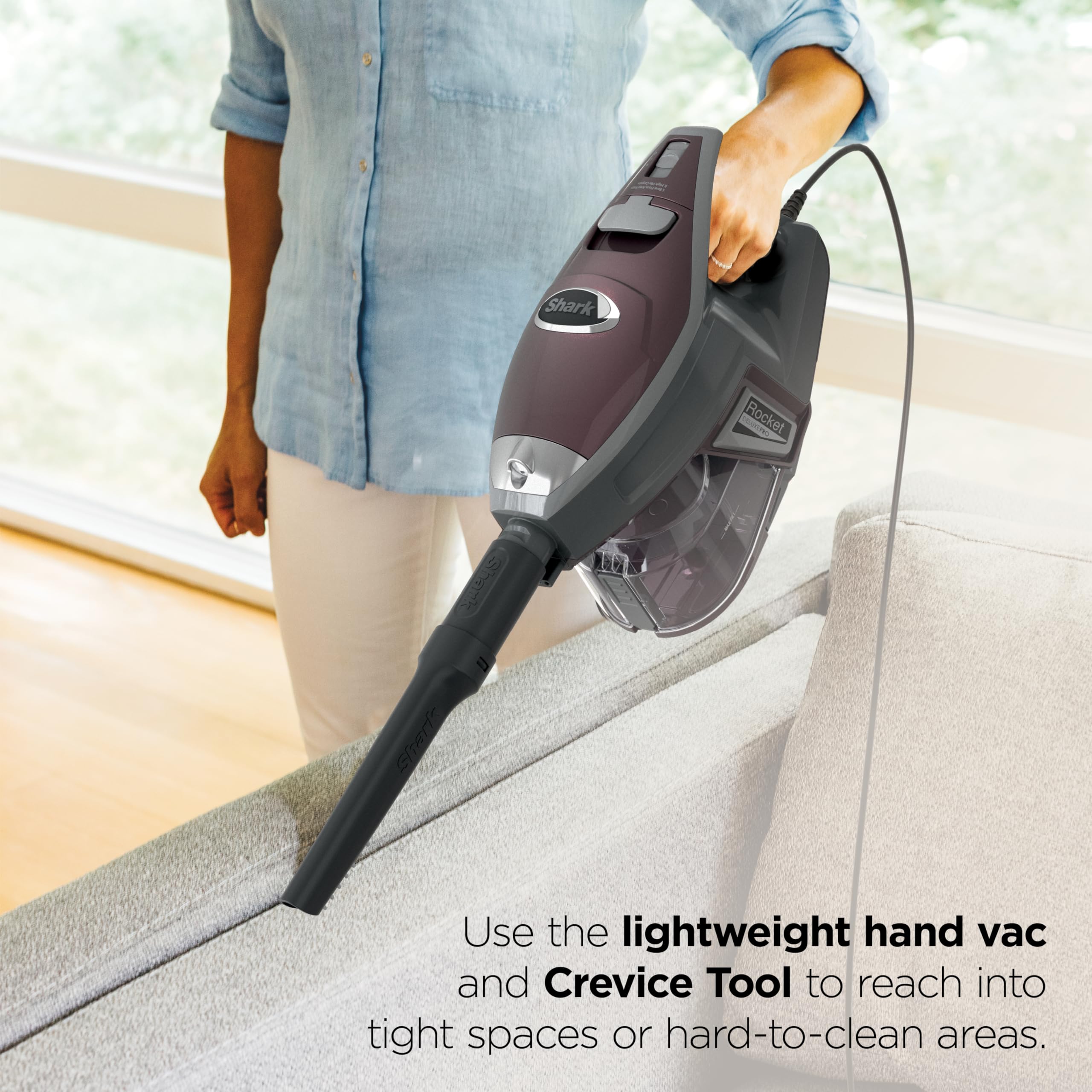 Shark Rocket Pet Plus Pet Crevice Tool reaching cracks and furniture seams