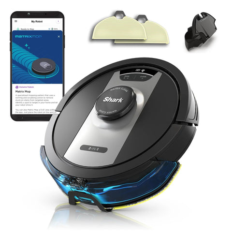 Shark RV2400WD front view robot ready to clean carpets and floors.
