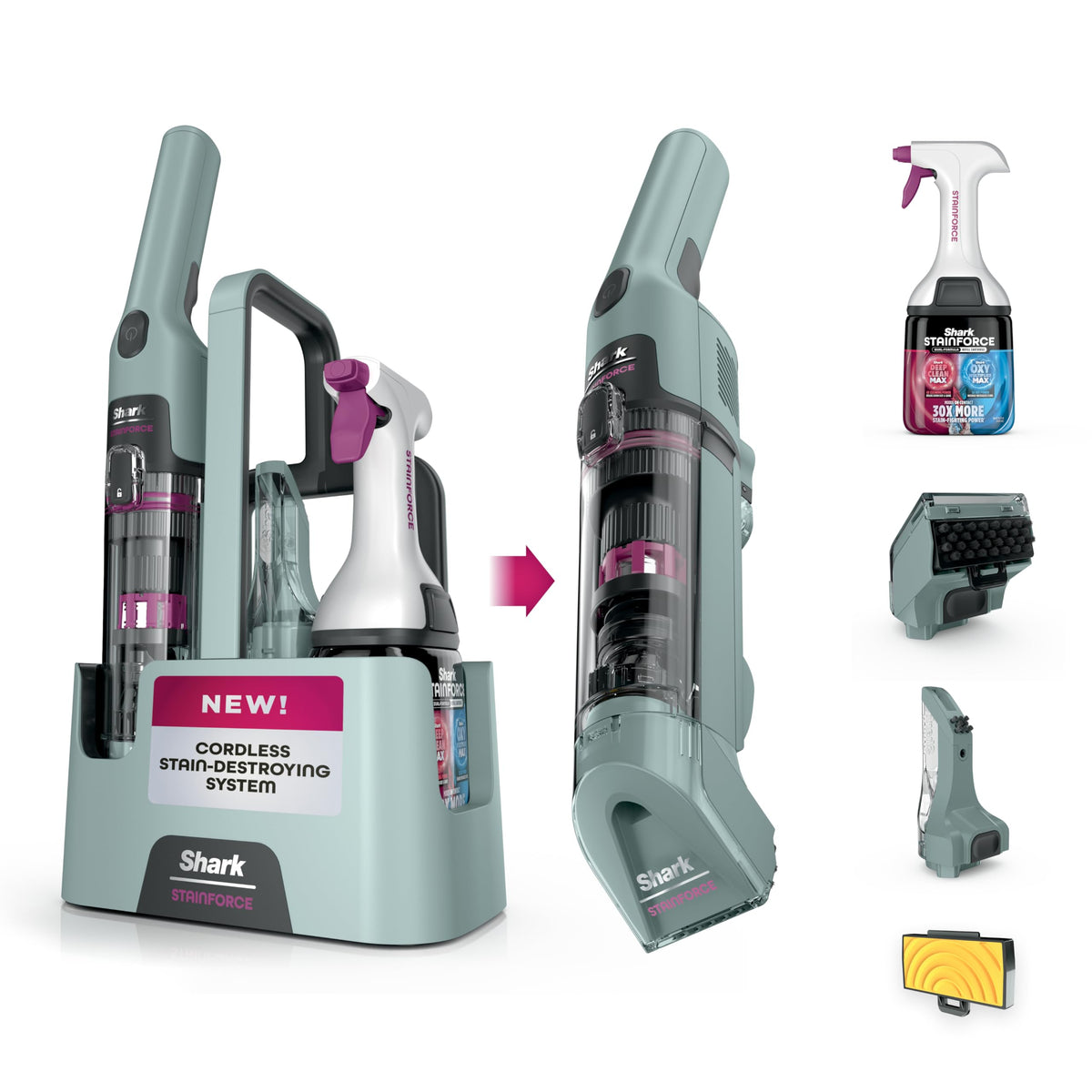 Shark StainForce compact-cleaner on a carpet spill.
