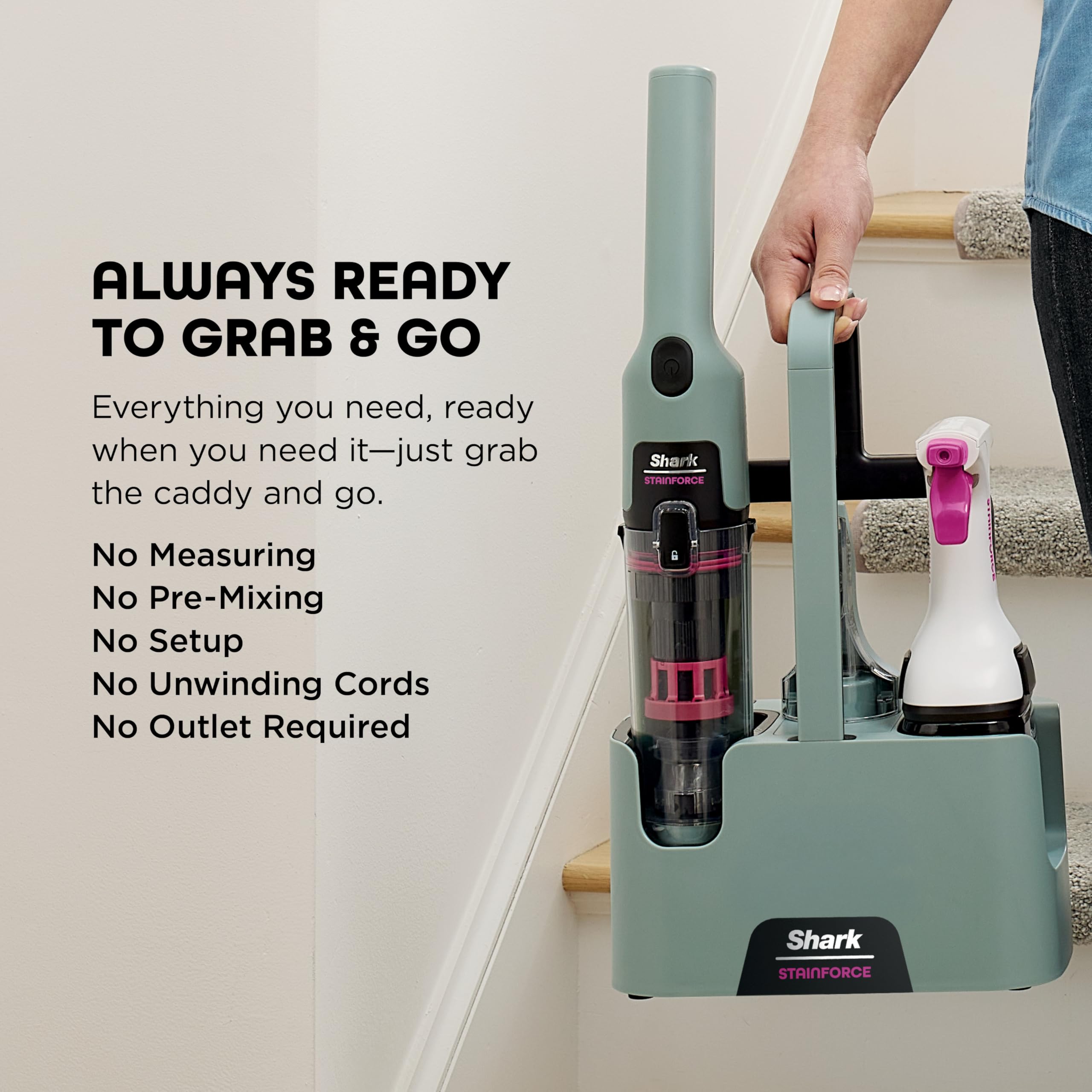 Shark StainForce crevice-tool cleans tight gaps along upholstery seams.