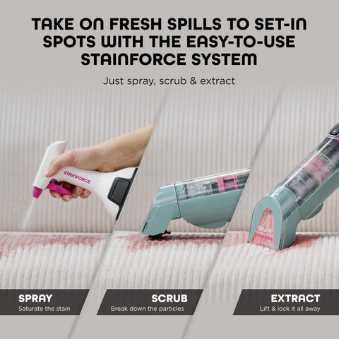 Shark StainForce dual-activated-solution activates on contact for deep stain breakdown.