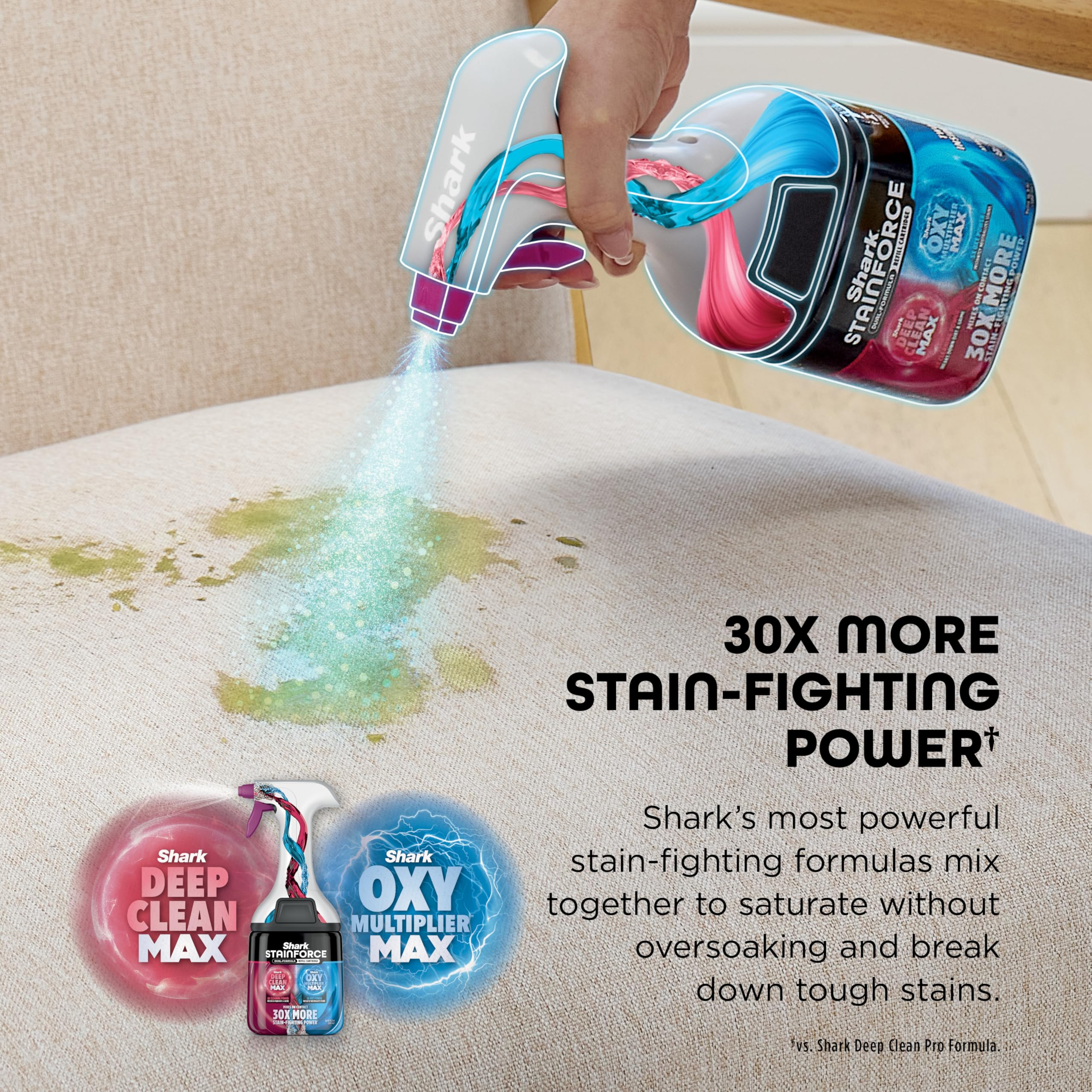 Shark StainForce suction-power lifts fresh and set-in stains effectively.
