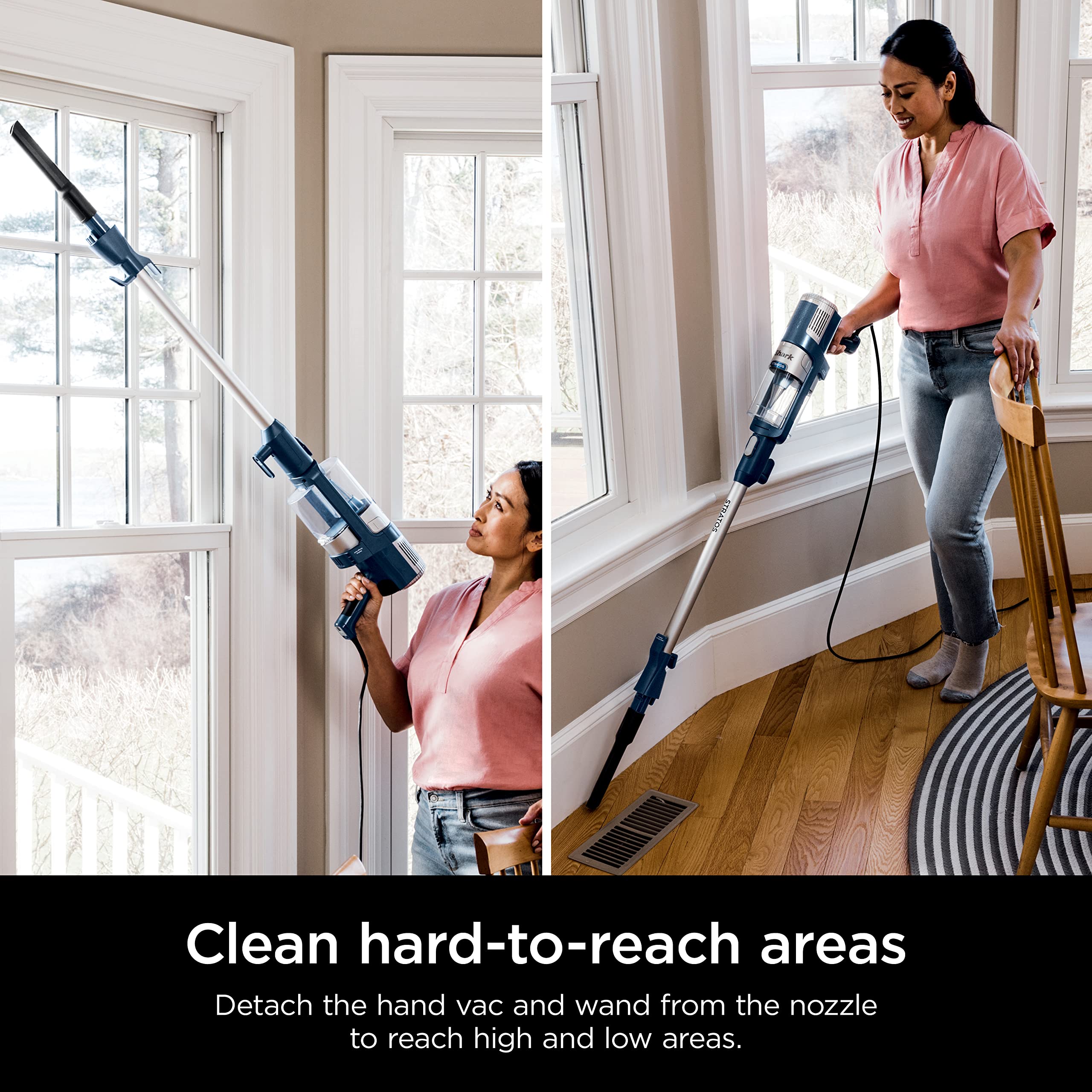 Shark Stratos low-profile design cleaning under furniture.