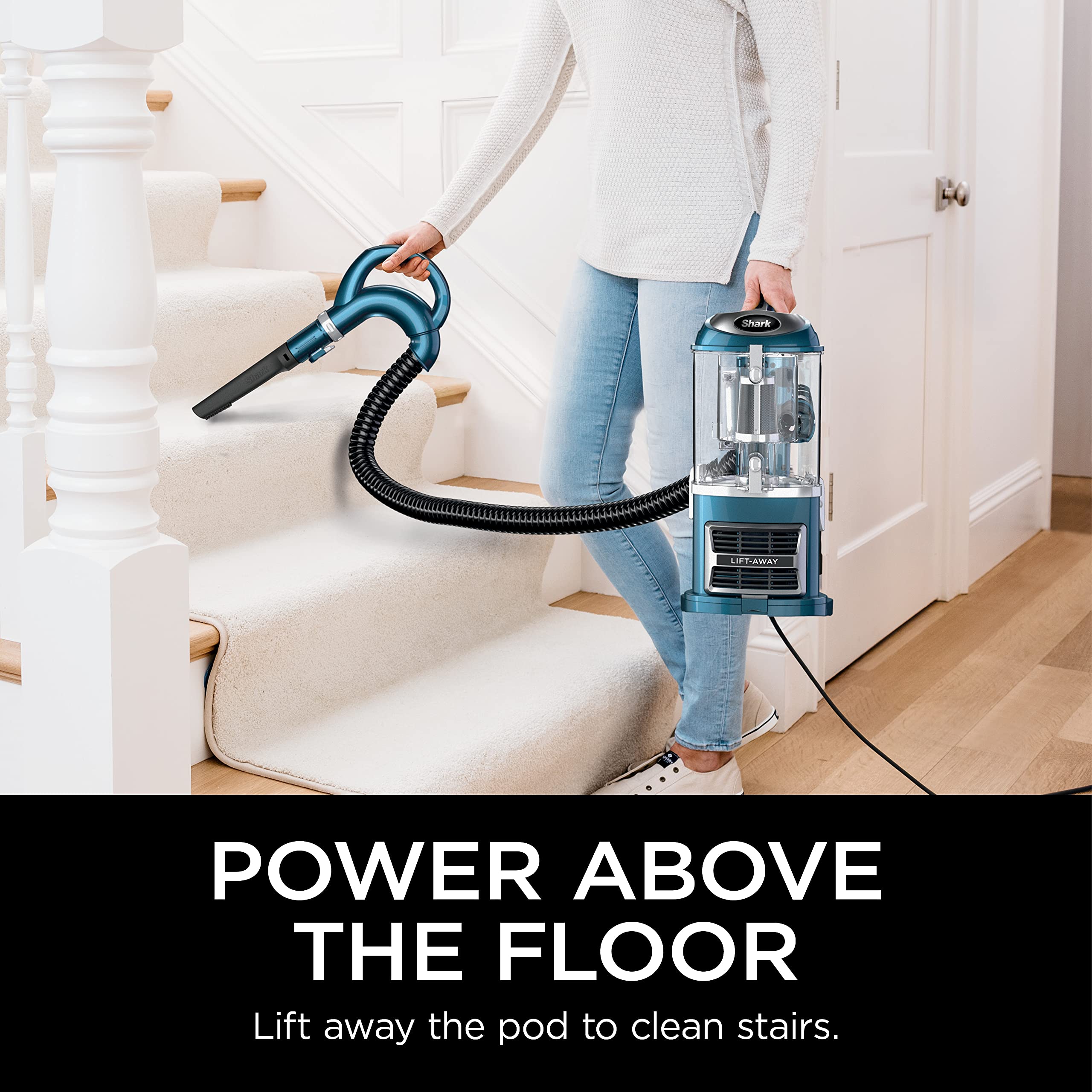 Shark Lift-Away detachable pod enables cleaning under furniture and above floors.