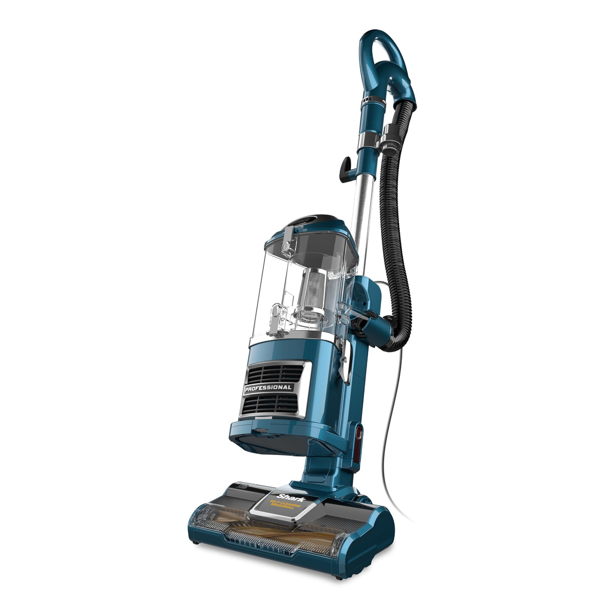 Shark Navigator Lift-Away teal with self-cleaning brushroll for efficient pet hair pickup.