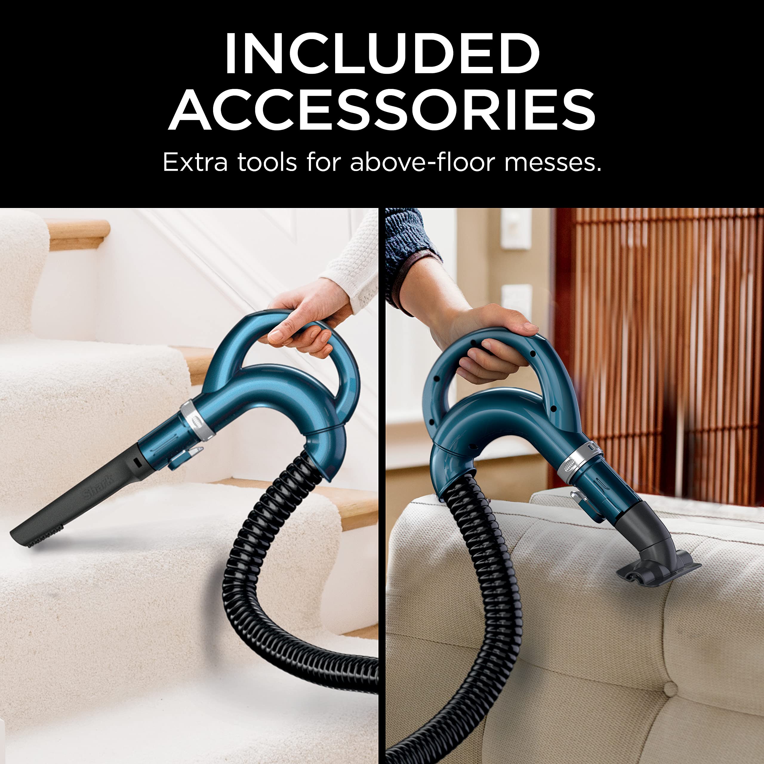 Shark upholstery tool cleans delicate fabrics, curtains, and shelves.