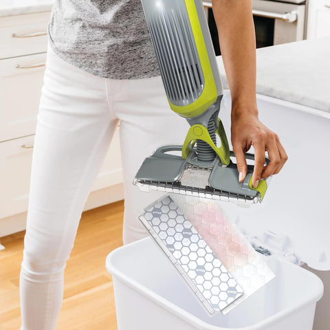 Shark VACMOP shows no-touch disposal feature for easy pad removal.