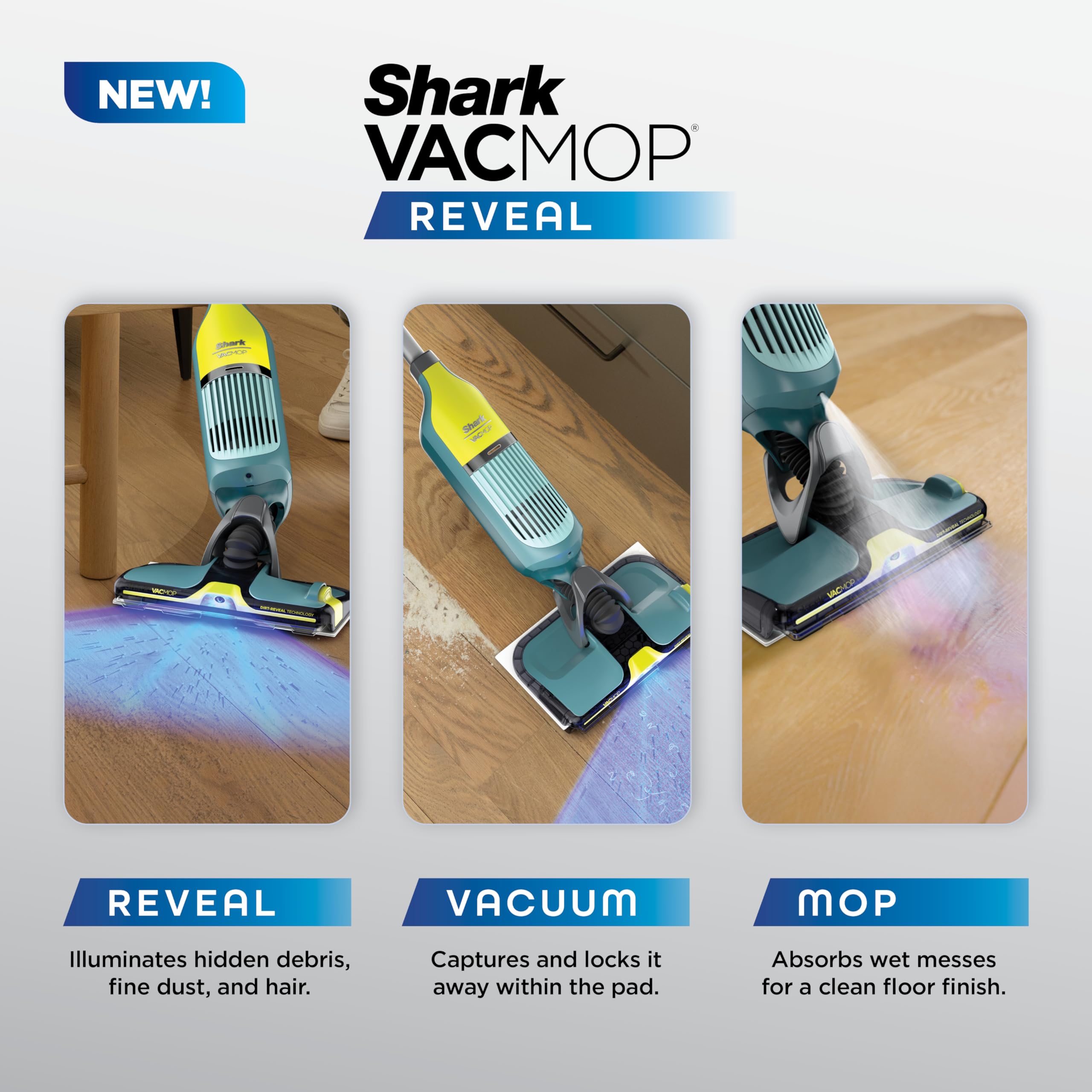 Shark VACMOP Reveal illuminated light highlights hidden debris for thorough cleaning