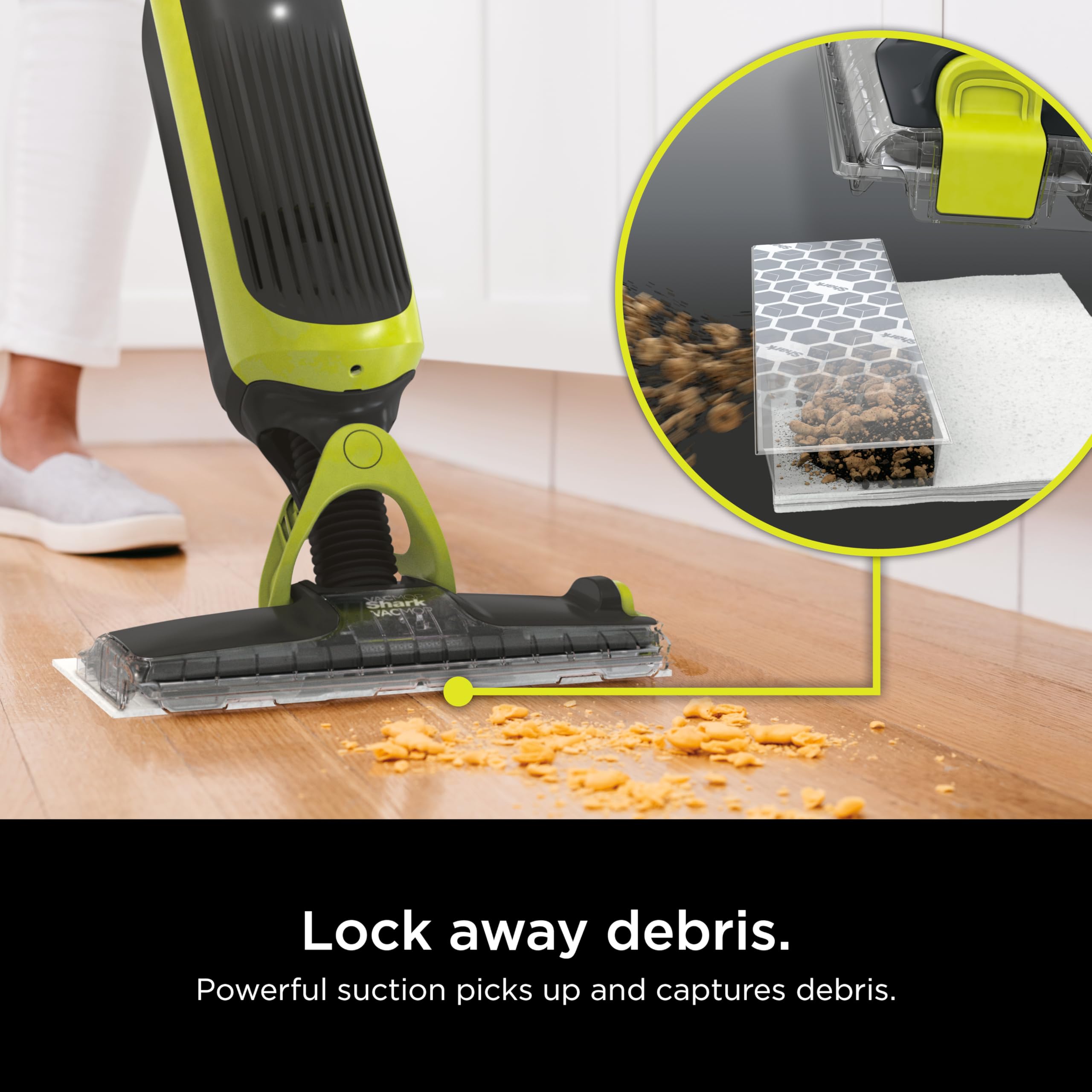 Shark VACMOP spray mopping action cleans and scrubs floors