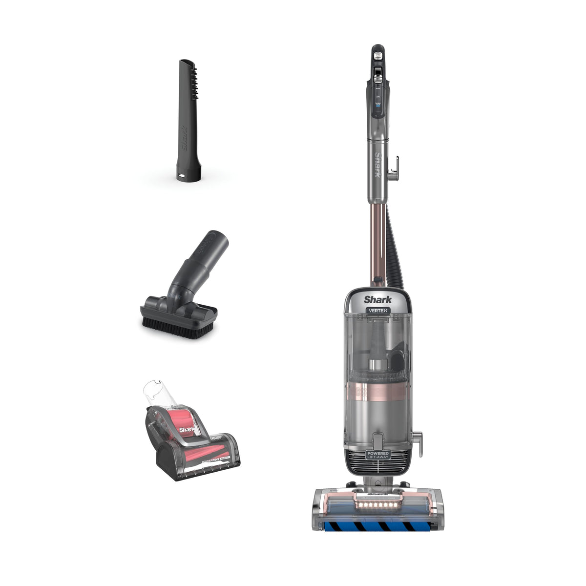 Shark Vertex powered lift-away pod enabling under-furniture cleaning with a motorized nozzle.