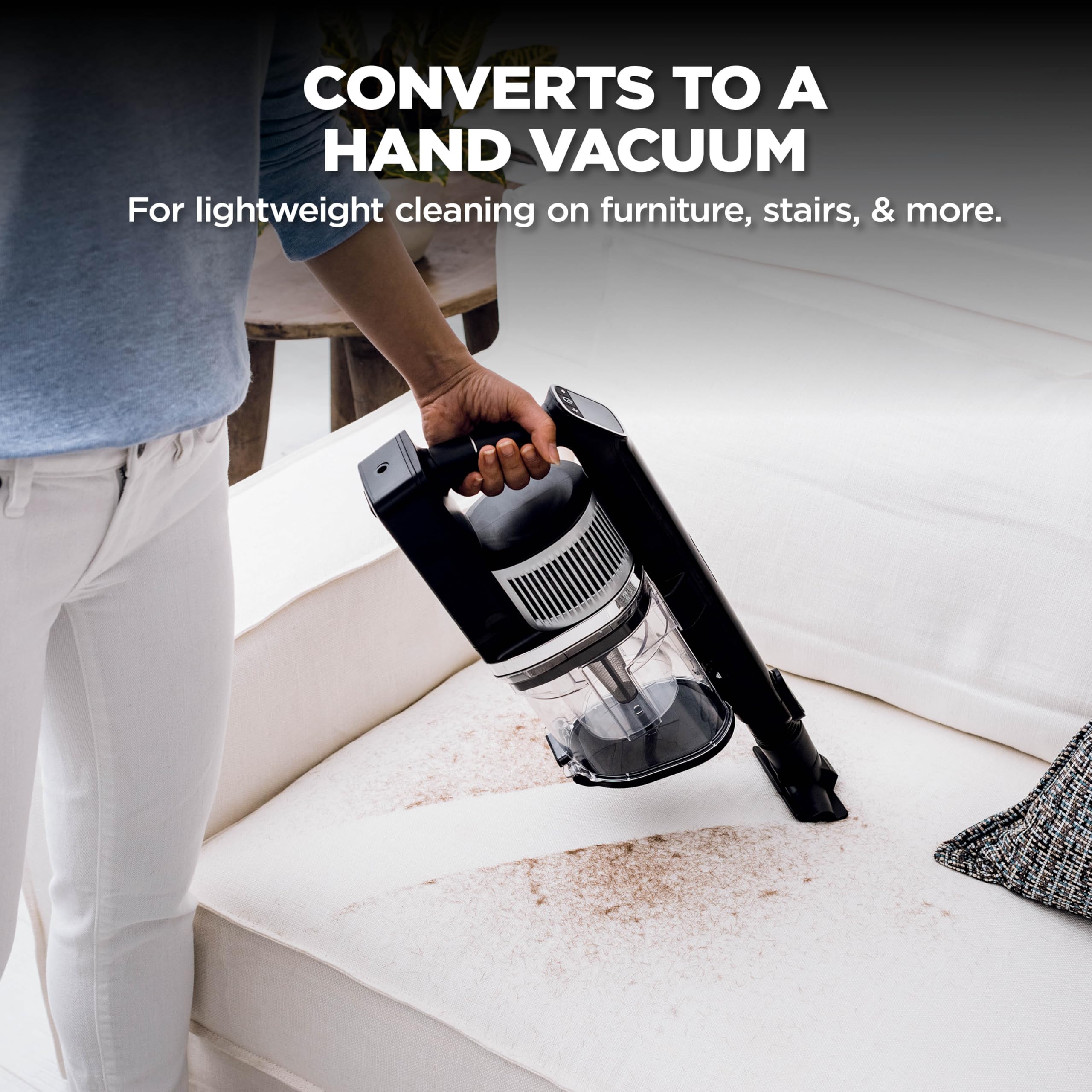 Shark Vertex Pro removable hand vac demonstrates versatile above-floor cleaning.