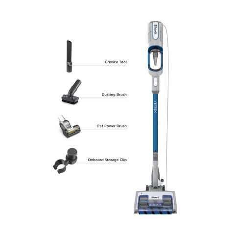 Shark Vertex UltraLight included attachments: dusting brush, crevice tool, and pet brush.