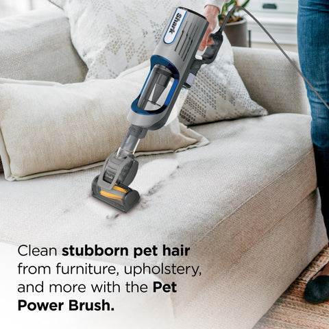 Shark Vertex UltraLight Pet Power Brush removes pet hair from upholstery and stairs.