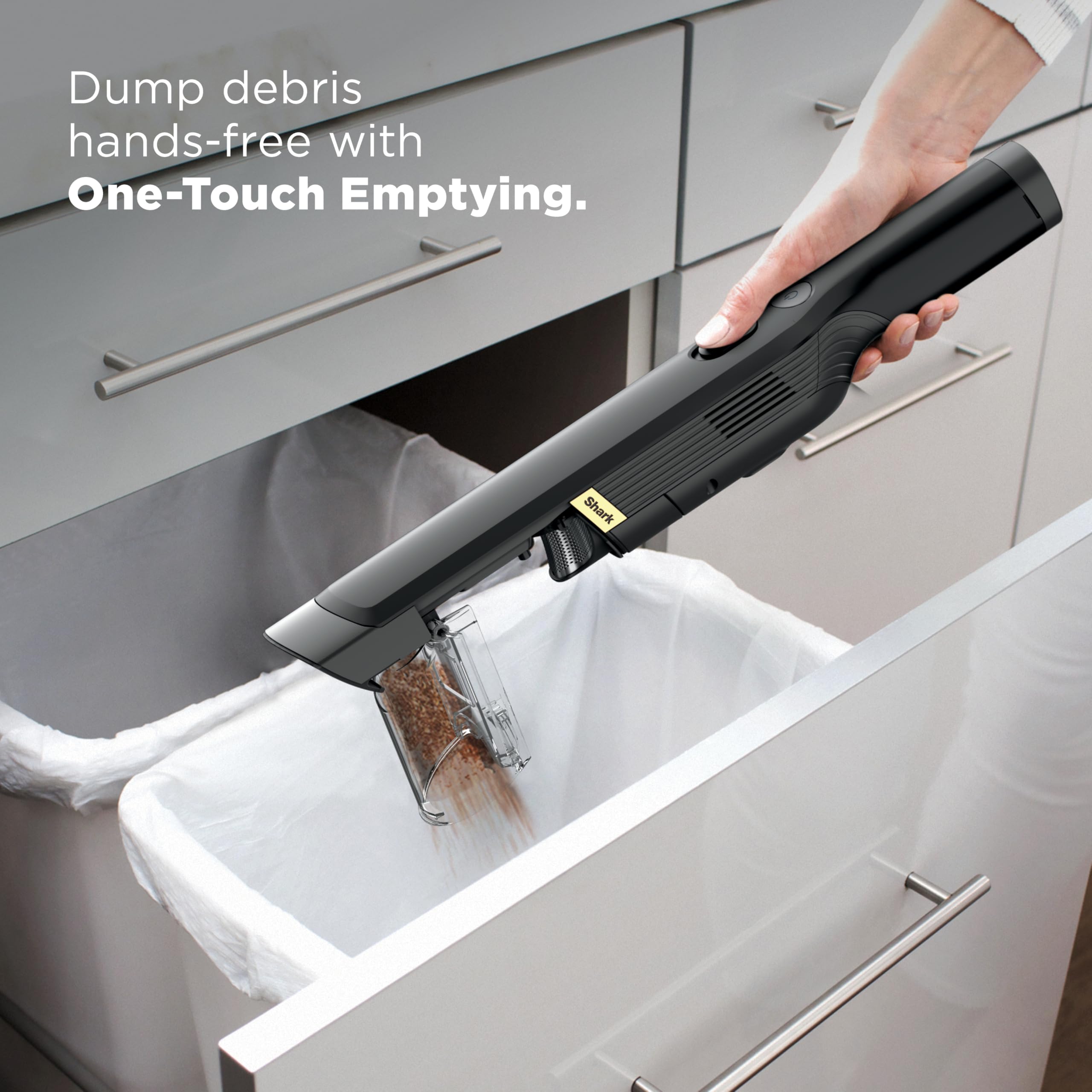 Shark WANDVAC one-touch empty keeps hands clean after tidying.