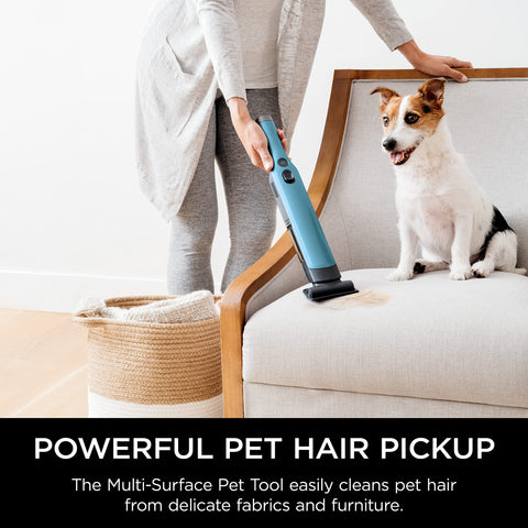 Shark WANDVAC pet-hair tool tackling upholstery and carpets