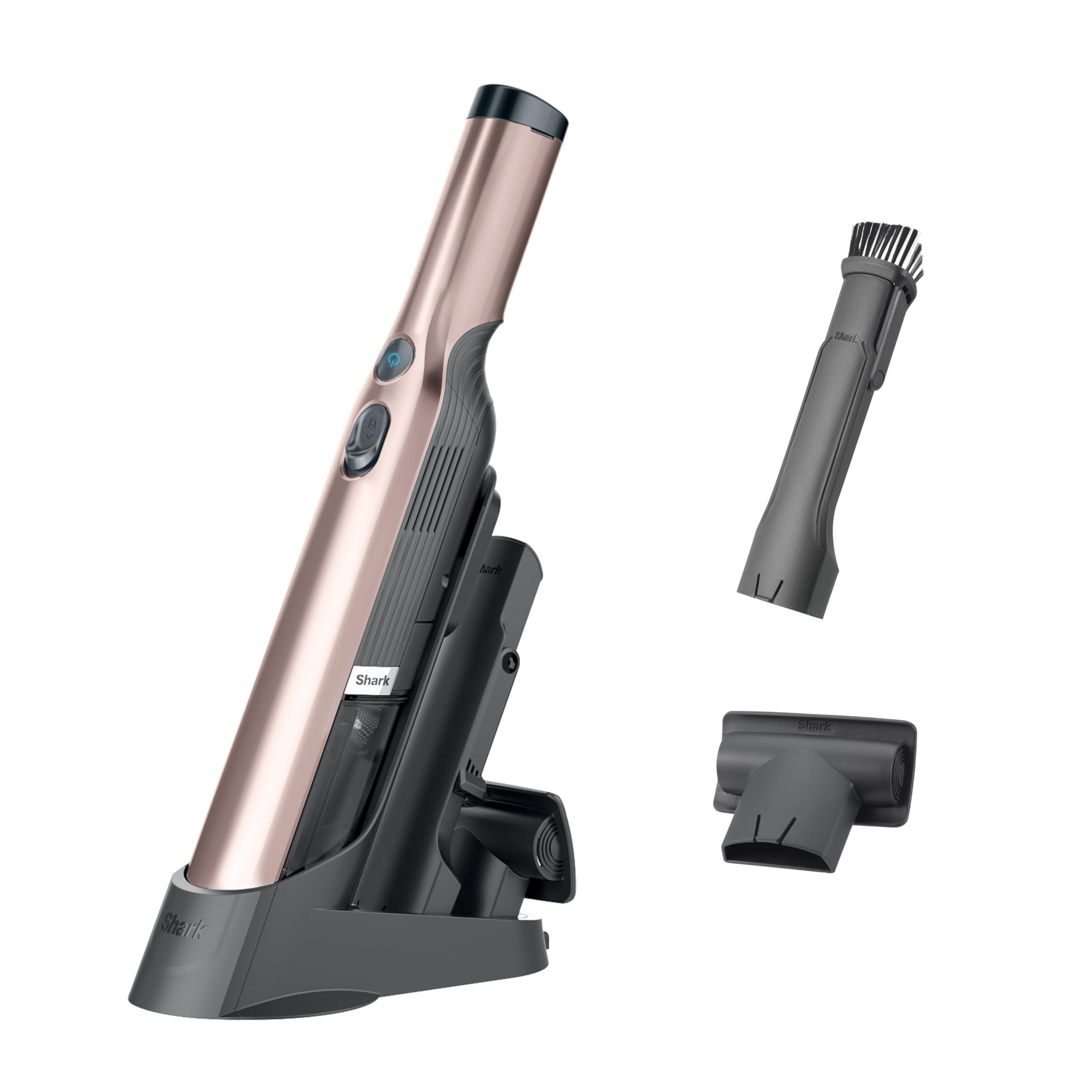 Shark WANDVAC rose gold front nozzle for quick debris pickup on surfaces.