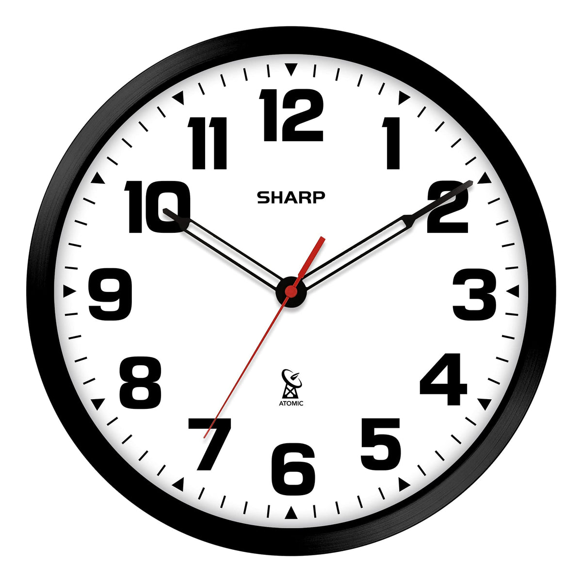 Sharp Atomic analog wall clock with a black frame, easy to read at a glance.
