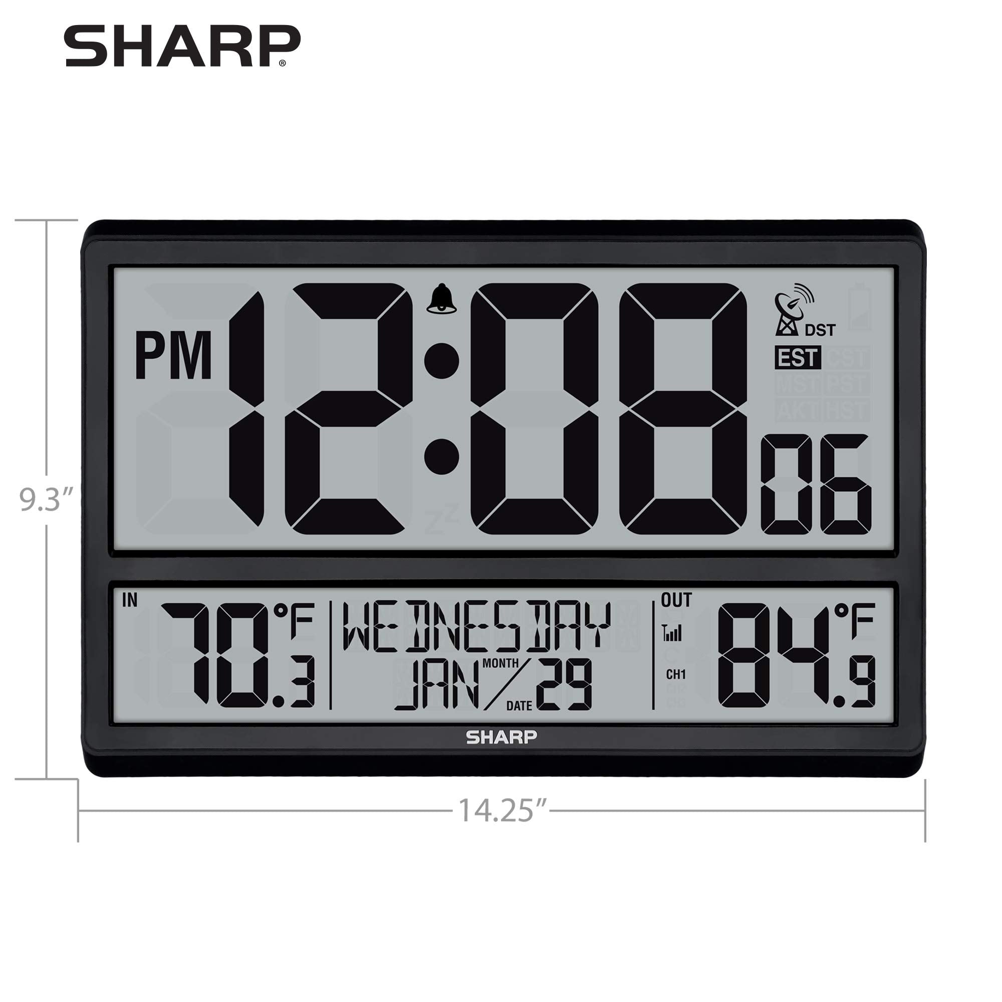 Sharp Atomic Clock provides calendar and day of the week for quick planning.