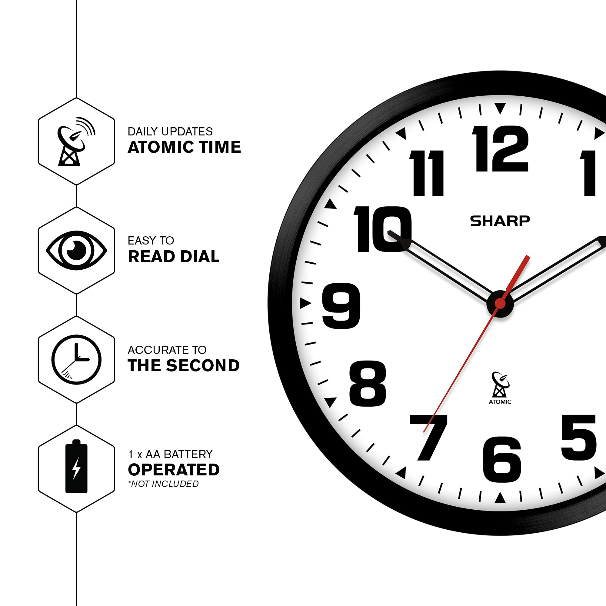 Sharp Atomic clock dial close-up featuring large numerals for quick reading.